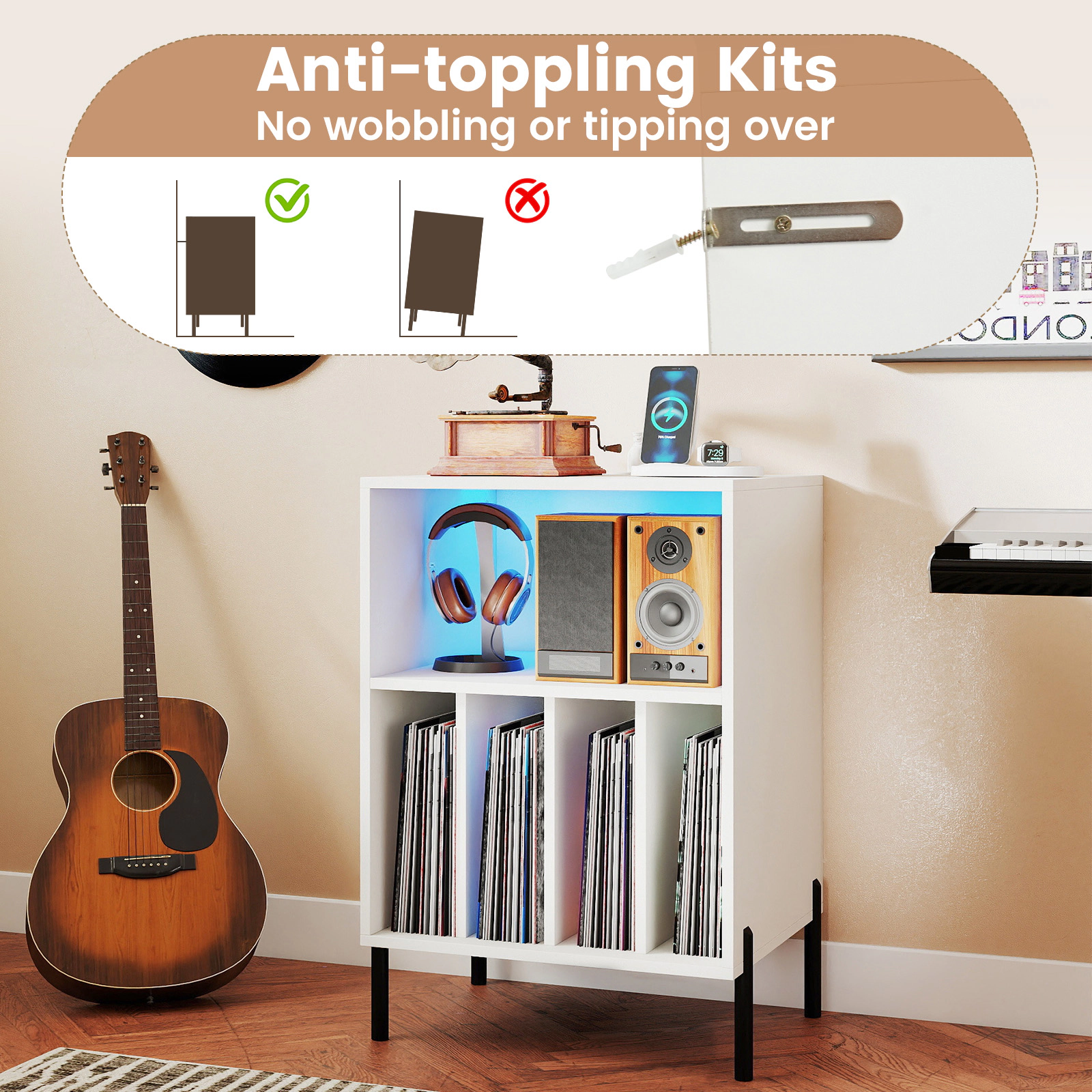Glintex Record Player Stand with Ambient LED Lighting Remote and Charging Station, White