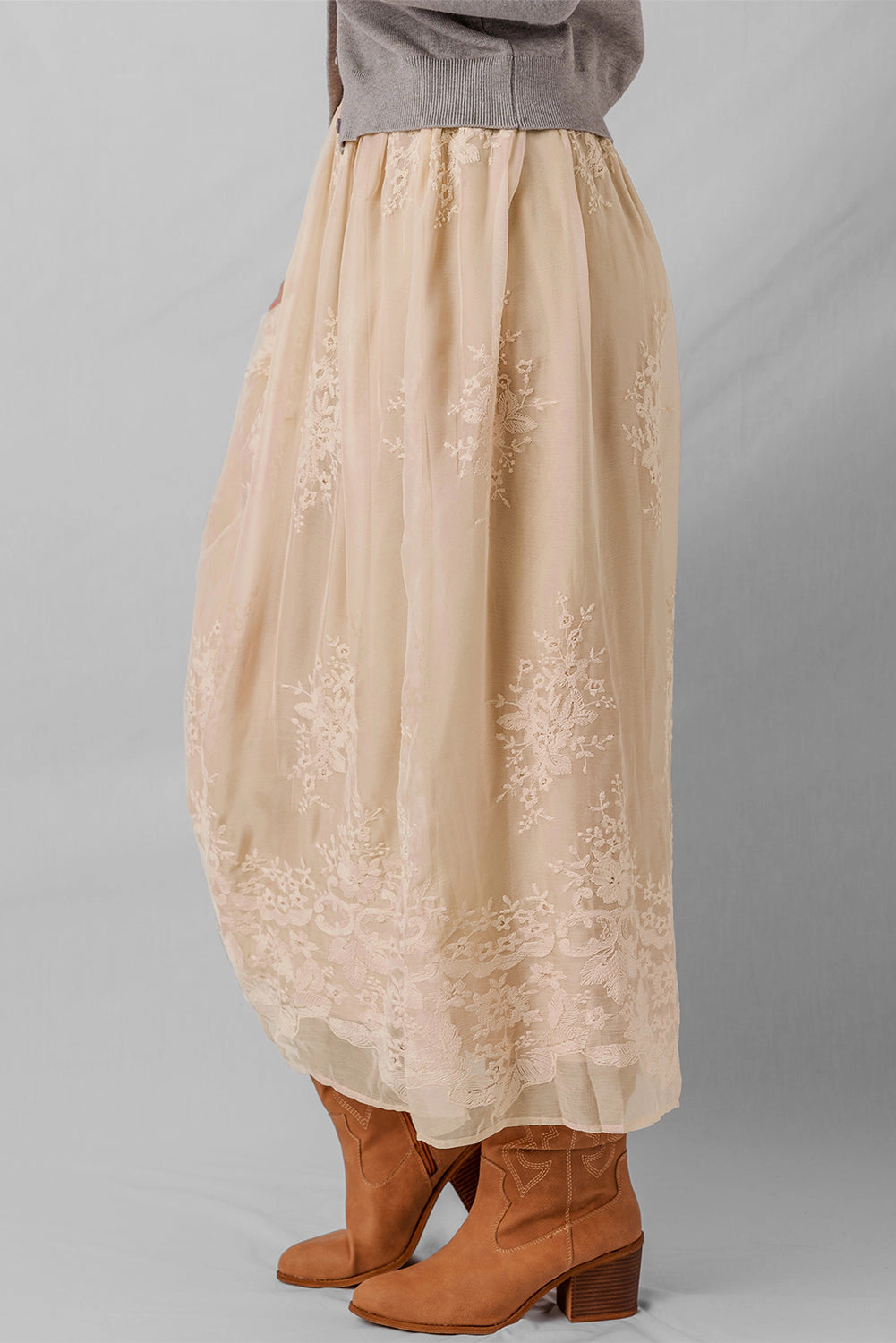 Threaded Pear Women's Vivienne Embroidered Mesh Overlay Long Skirt