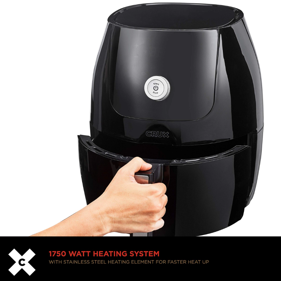 CRUX  Digital Air Fryer, 1700 Watts, 6 Quart, Carrying Handles, Energy Efficient, Non-Stick, Black