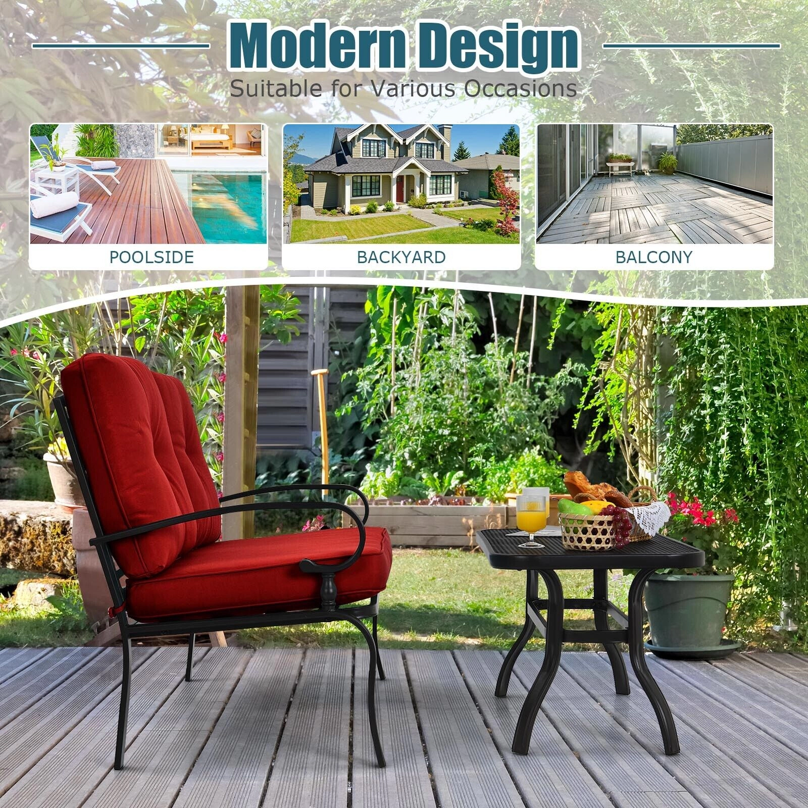 SUGIFT 2-Piece Steel Patio Conversation Loveseat Bench and Coffee Table Set 550-lb Capacity with Cushions Red