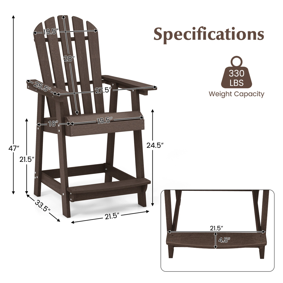 SUGIFT HDPE Faux Wood Grain Patio Adirondack Chair with Armrest and Footrest 330-Lb Capacity Brown