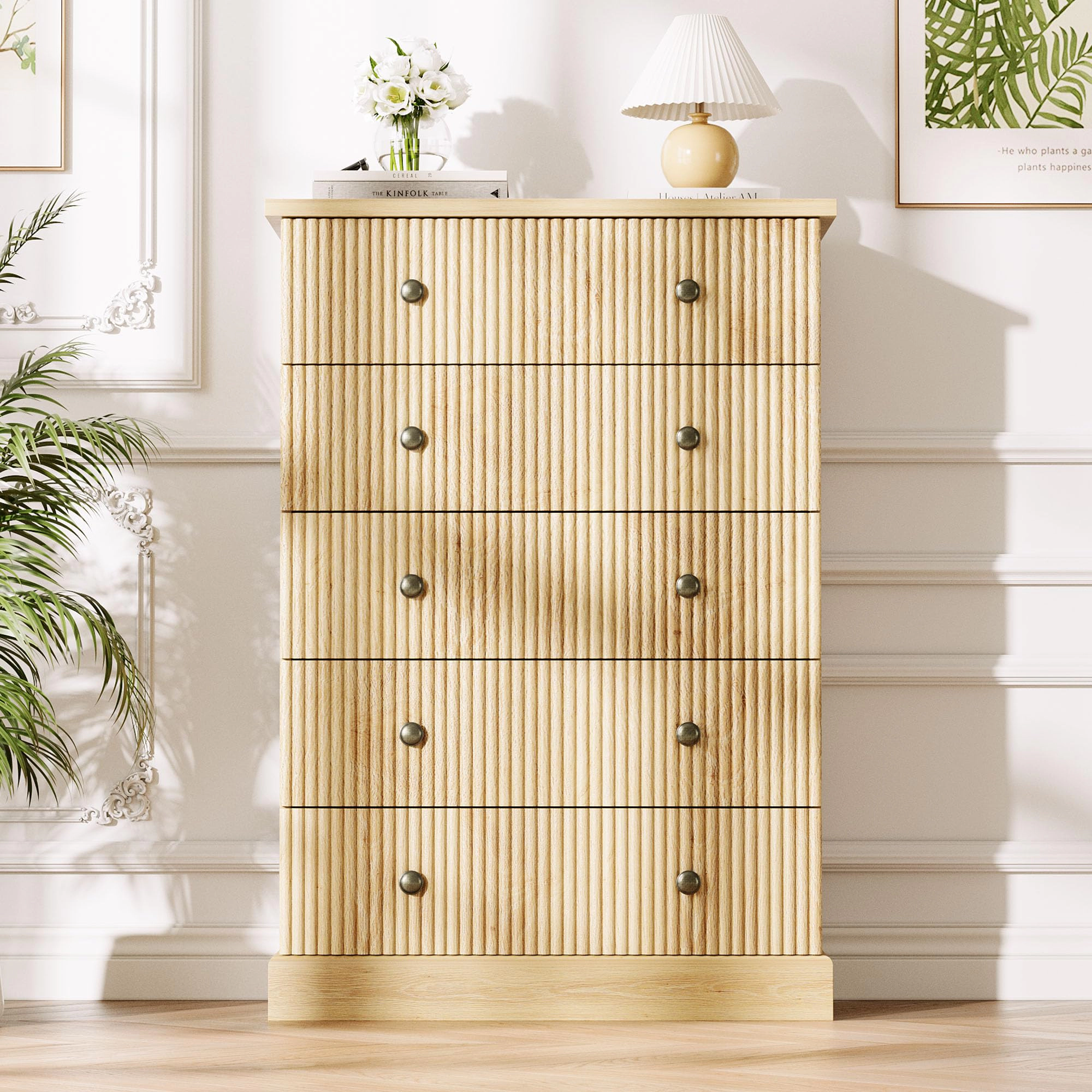 5 Drawer Fluted Dresser, Slim Vertical Wood Chest with Metal Handles for Bedroom Apartment Guest Room