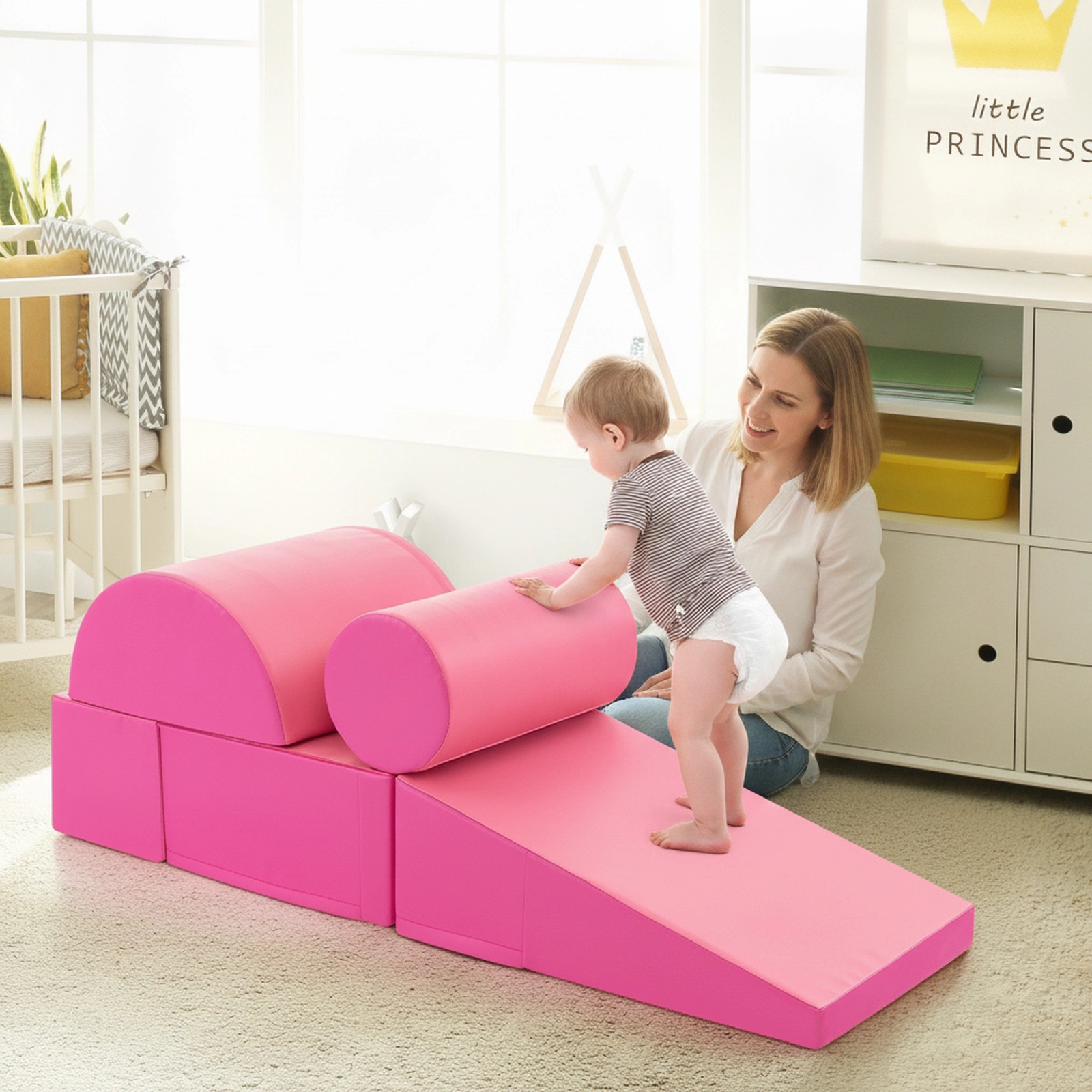 5-Piece Kids Climb and Crawl Activity Playset Foam Blocks Soft Play Set Removable Zippered PU Covers Pink