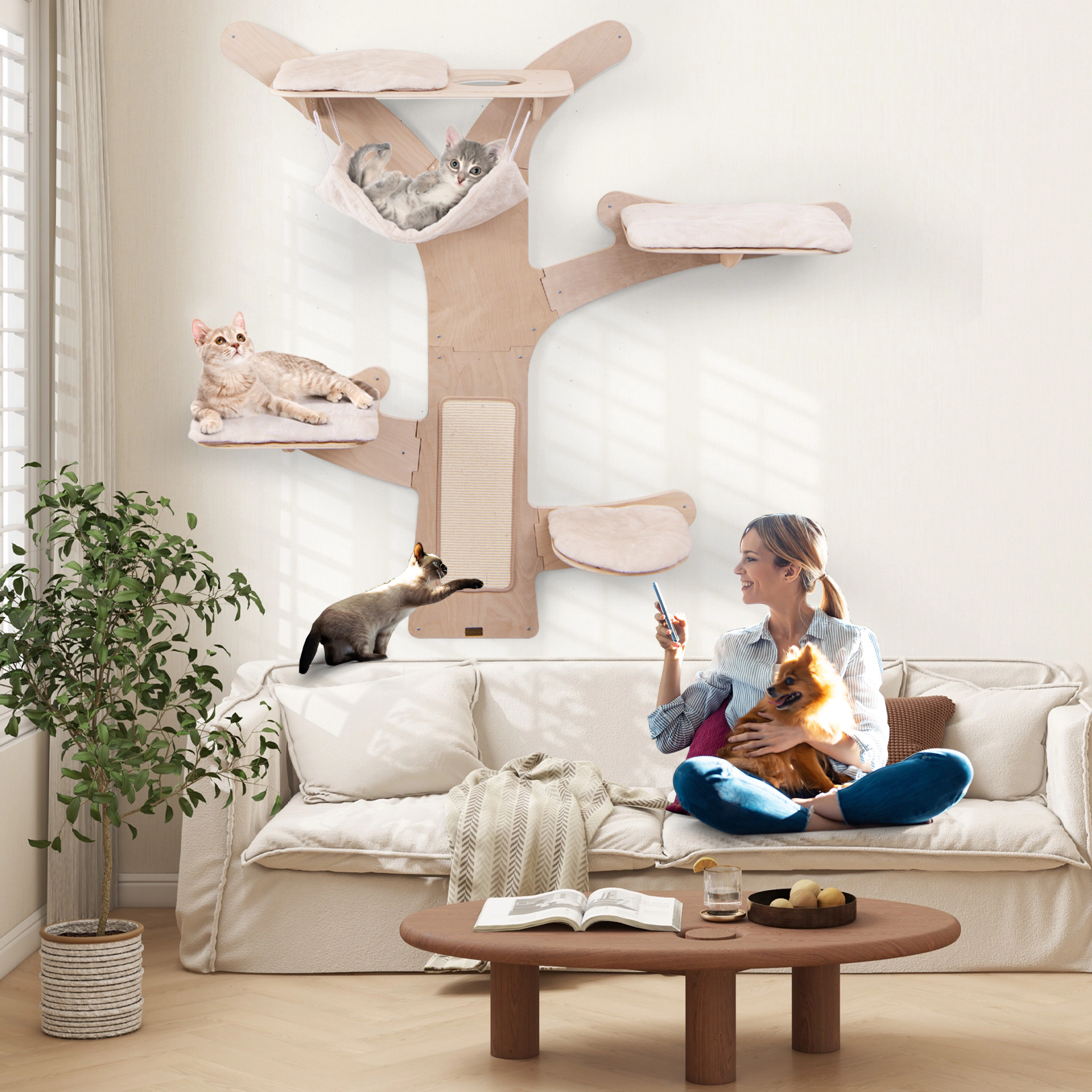 SUGIFT 71-in Wall-Mounted Cat Shelves Climbing Tower with Hammock 4 Padded Platforms and Sisal Mat