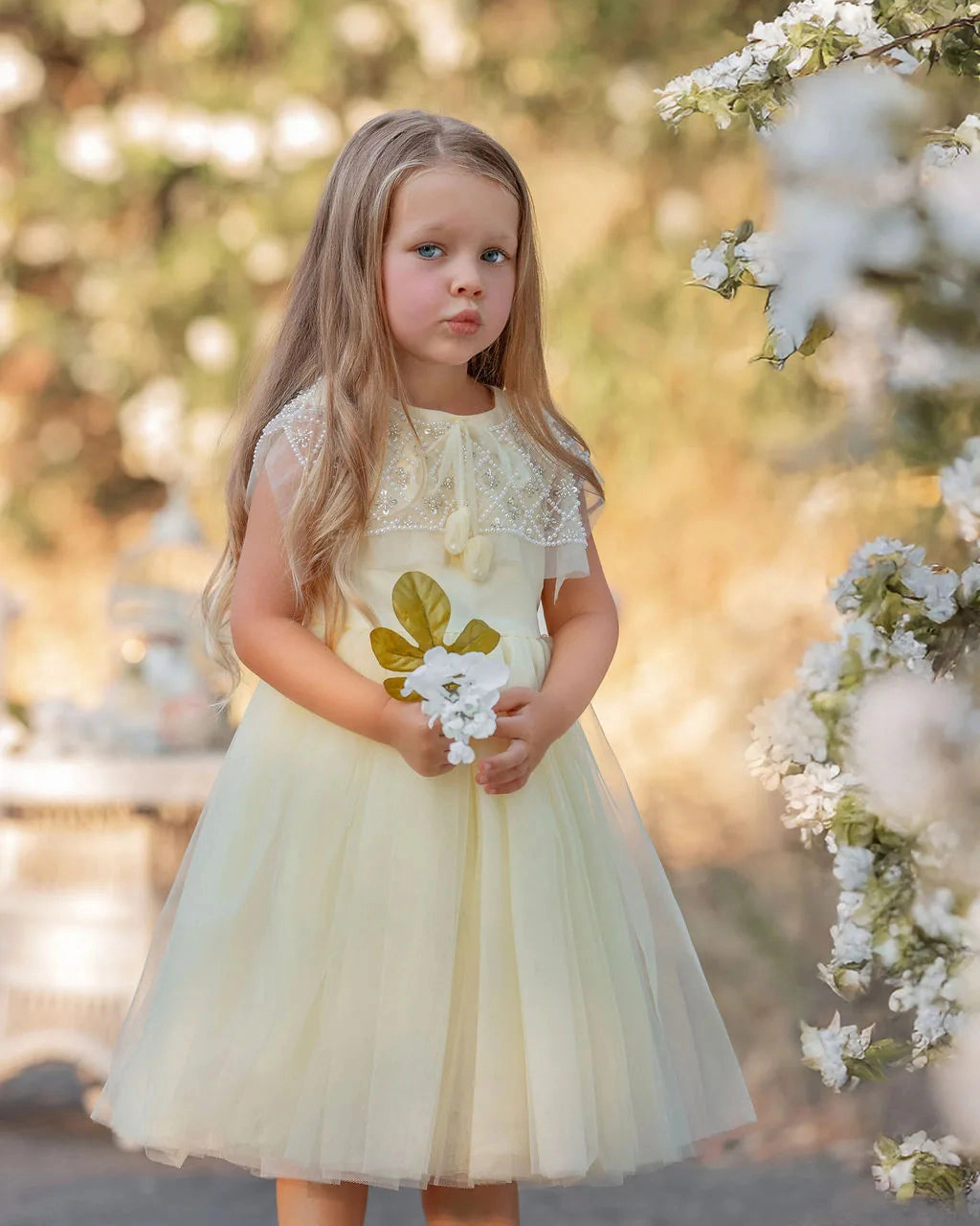 Faeella Buttercream Belle Pearl Capelet Flower Girl Dress