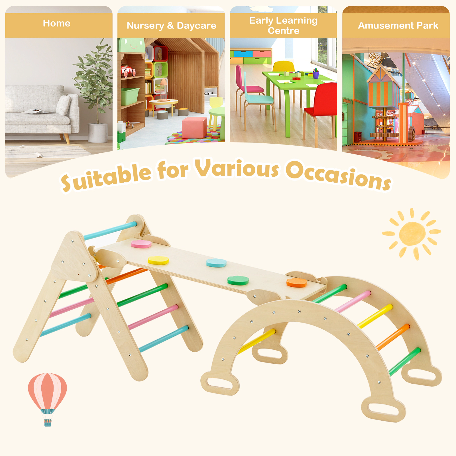 LJG 5-in-1 Wooden Kids Climber Toys with Triangle Arch Ramp