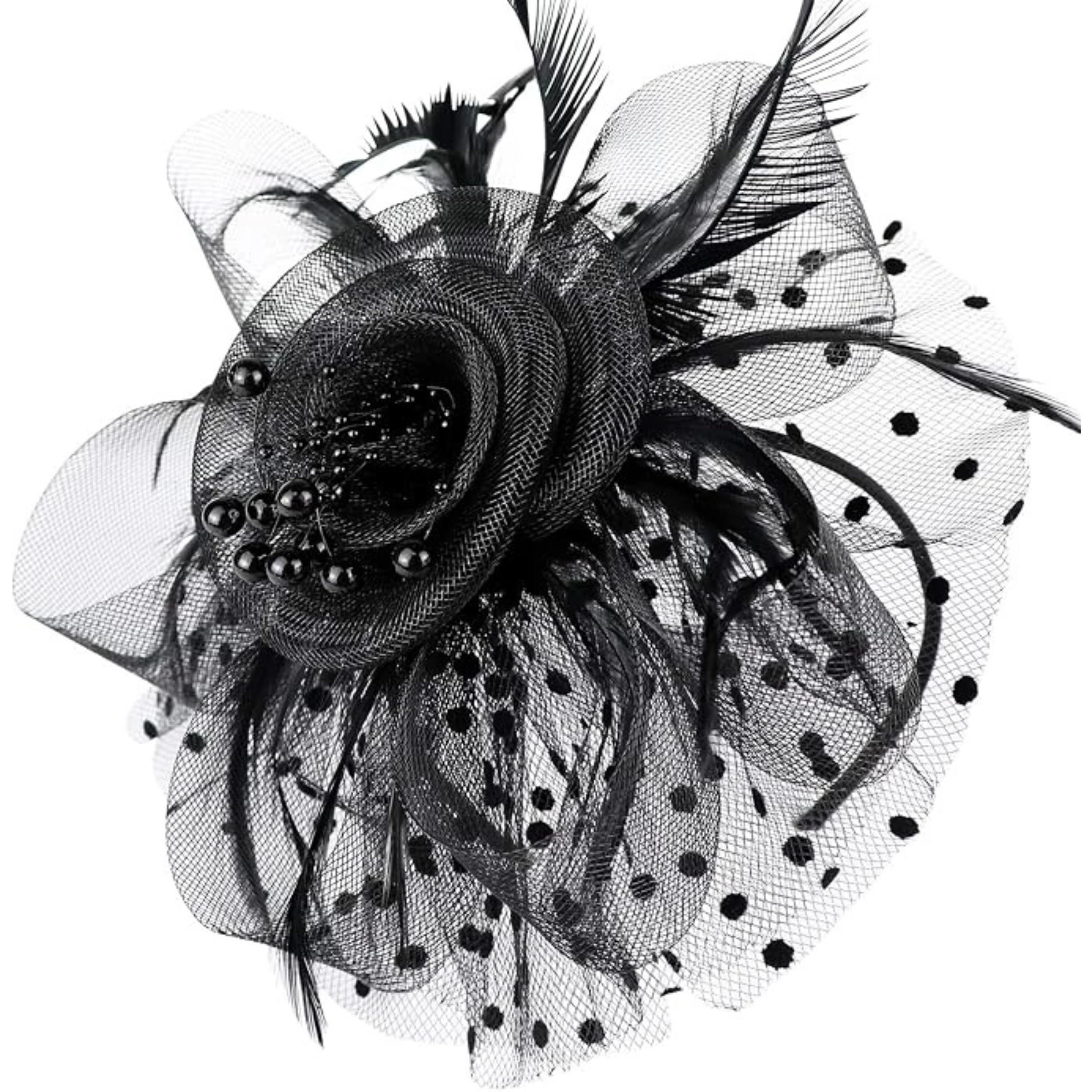 SS Design Fascinator Derby Hat Flower Mesh Feather Black Set