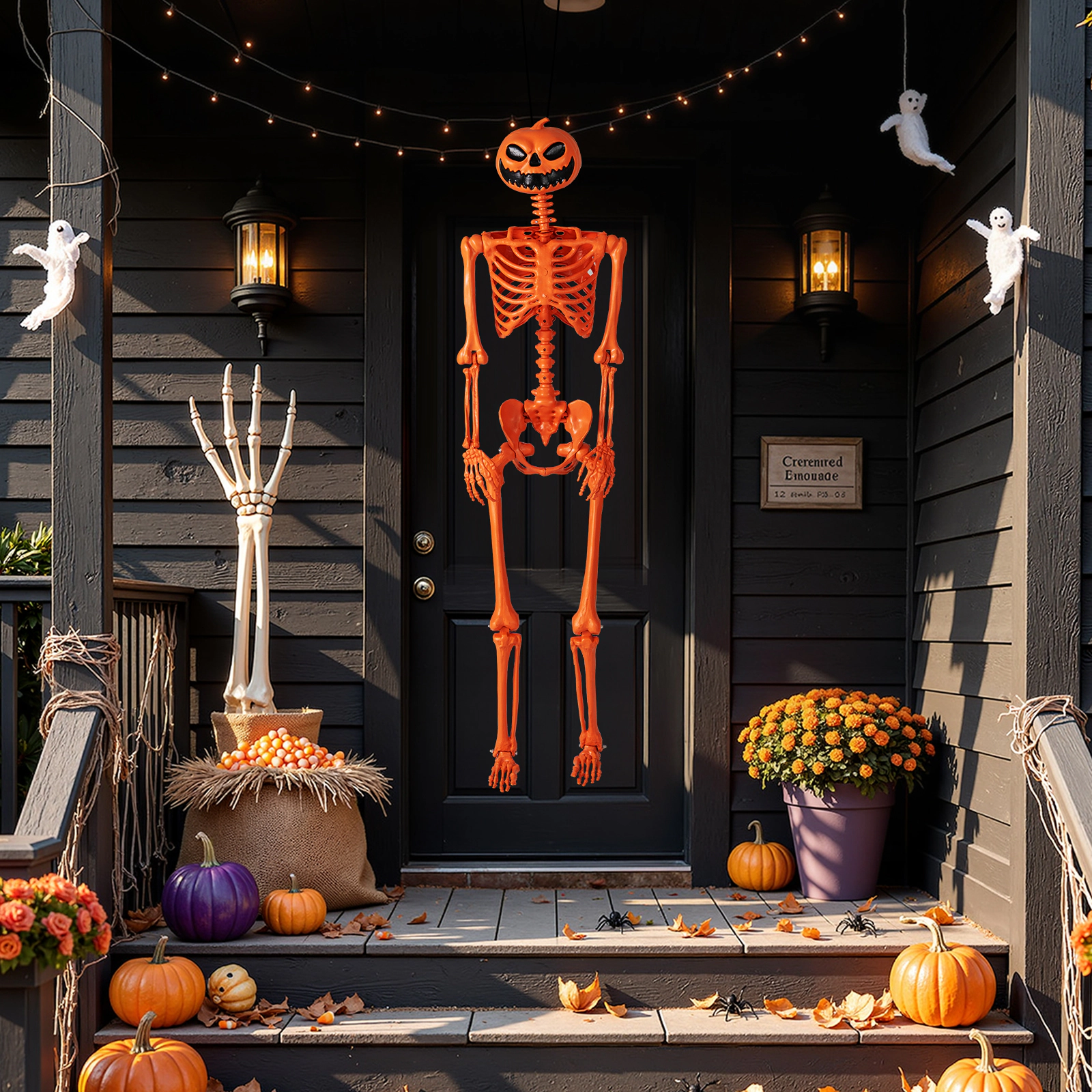 LJG 5.2 FT Orange Life-Size Poseable Halloween Skeleton with Pumpkin Head and Movable Joints