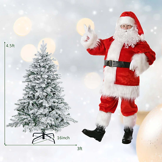 Costway 4.5 FT Pre-Lit Flocked Christmas Tree Hinged w/ 120 LED Lights & 757 Branch Tips