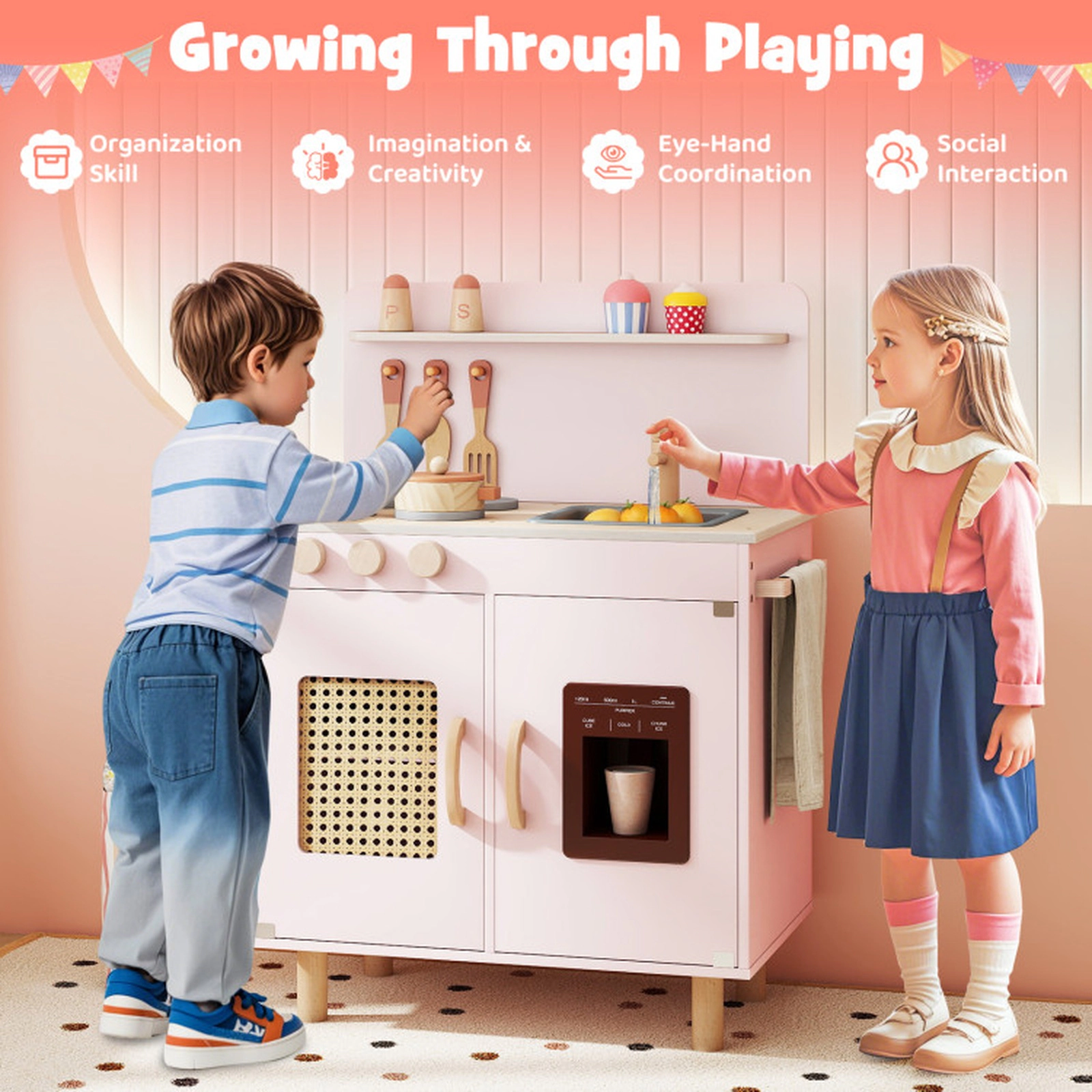 SUGIFT Pink Ice Maker Spice Rack and Cooking Accessories Kids Wooden Pretend Play Kitchen