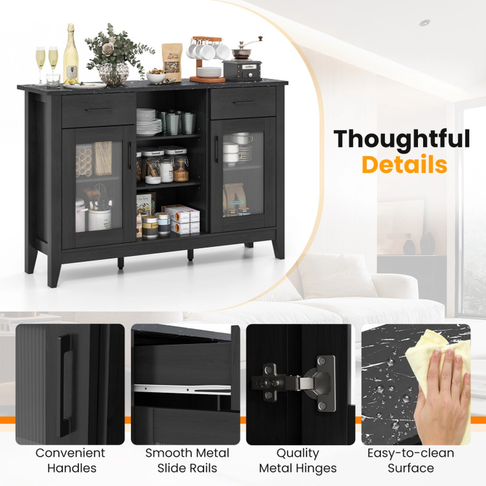 SUGIFT 2-Drawer Faux Marble Top Glass Doors Sideboard Buffet Cabinet 52-in x 15.5-in x 35.5-in 310-lb Capacity Black