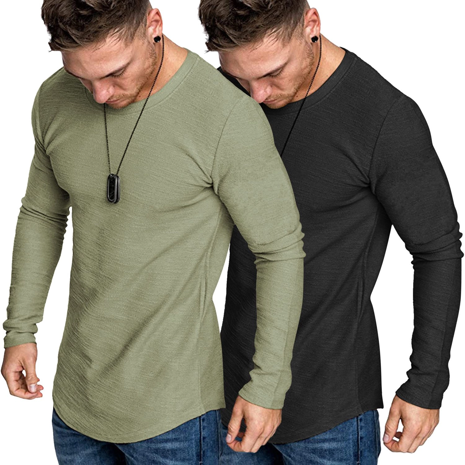 COOFANDY Mens 2 Pack Long Sleeve Crew Neck Tee Fall Casual Curved Hem Slim Fit Tops