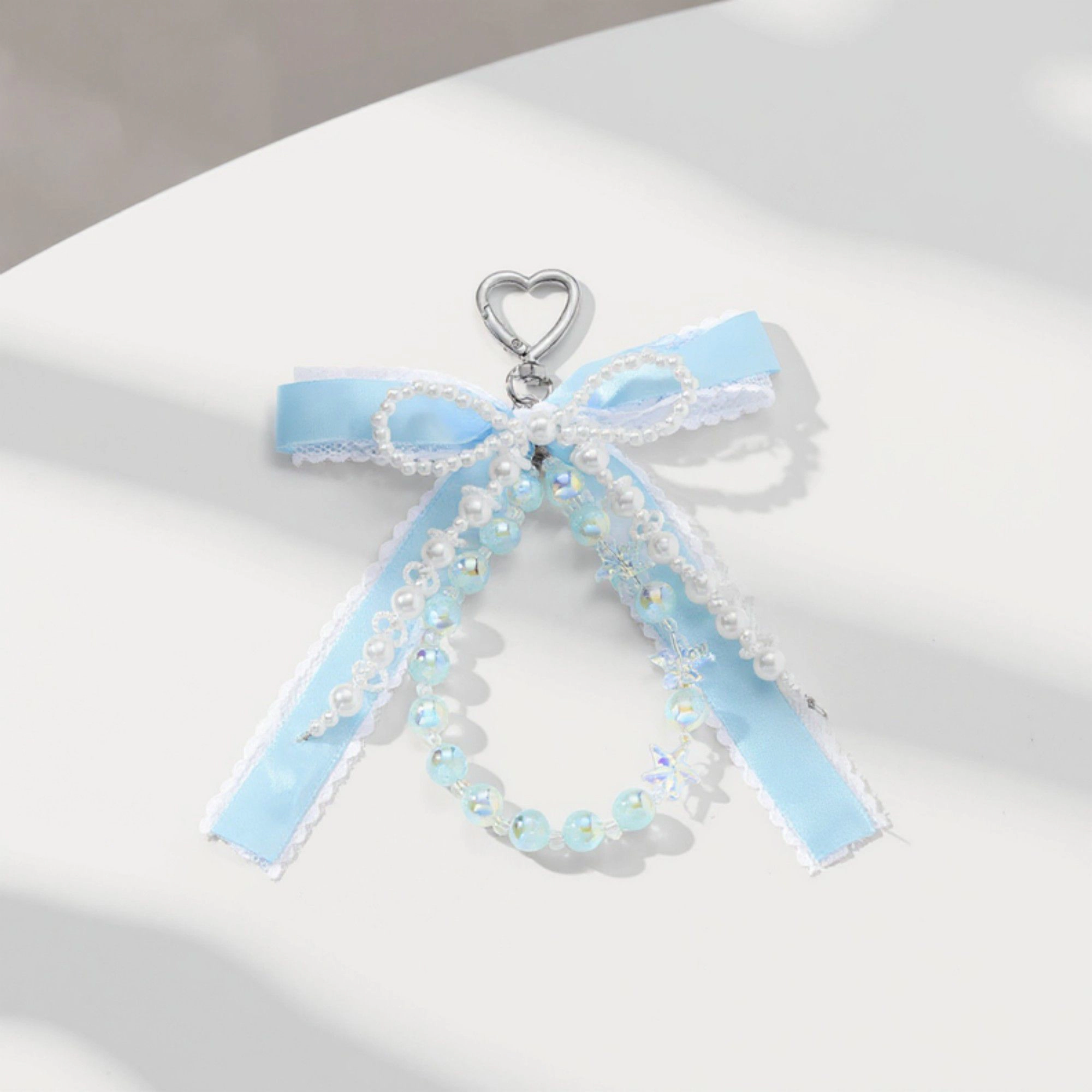 Alilang Women's Blue Ribbon Keychain with Pearl Bow and Iridescent Beaded Star Charms