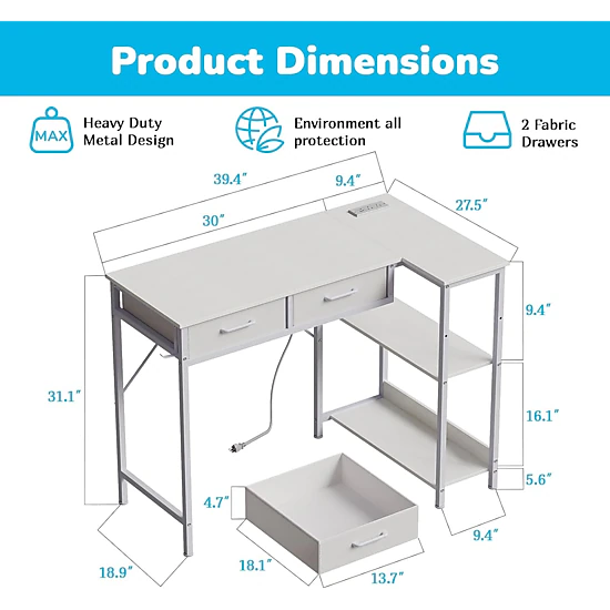 BebreezChic 40" Gaming Desk with Power Outlet, L-Shaped Computer Table, 3-Tier Shelves, 2 Drawers, Headphone Hook