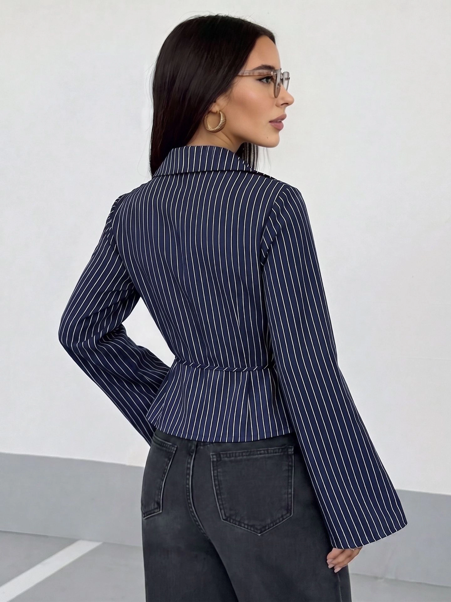 Premium Charms Womens Collared Striped Wrap V Neck Flare Sleeve Side Tie Blouse