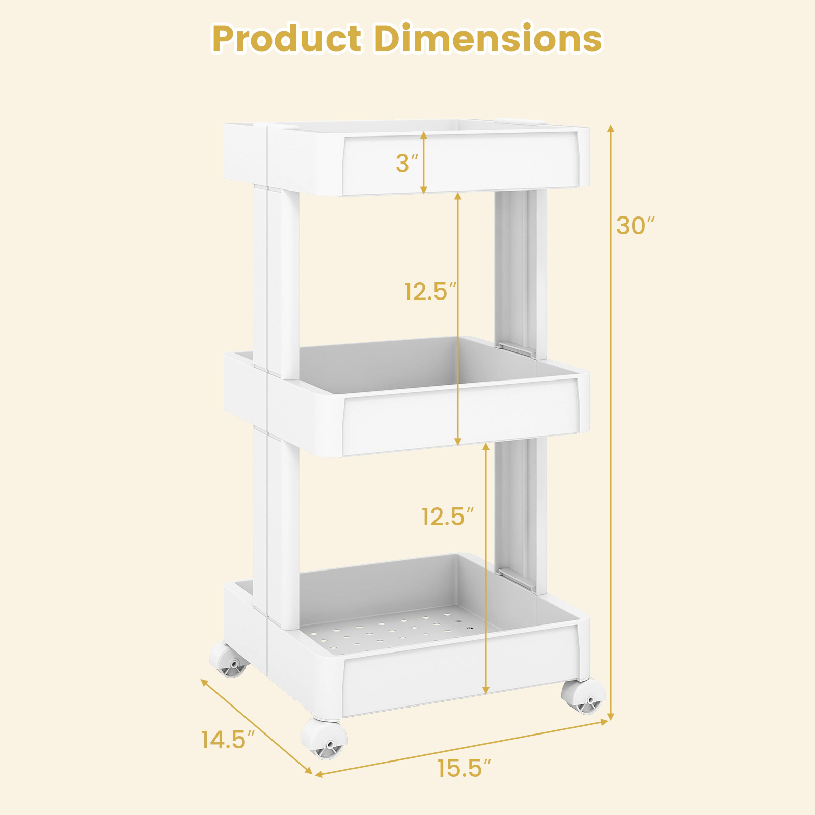 SUGIFT 3-Tier Rolling Utility Cart with Detachable Ventilated Trays 80-lb Capacity Smooth Wheels White