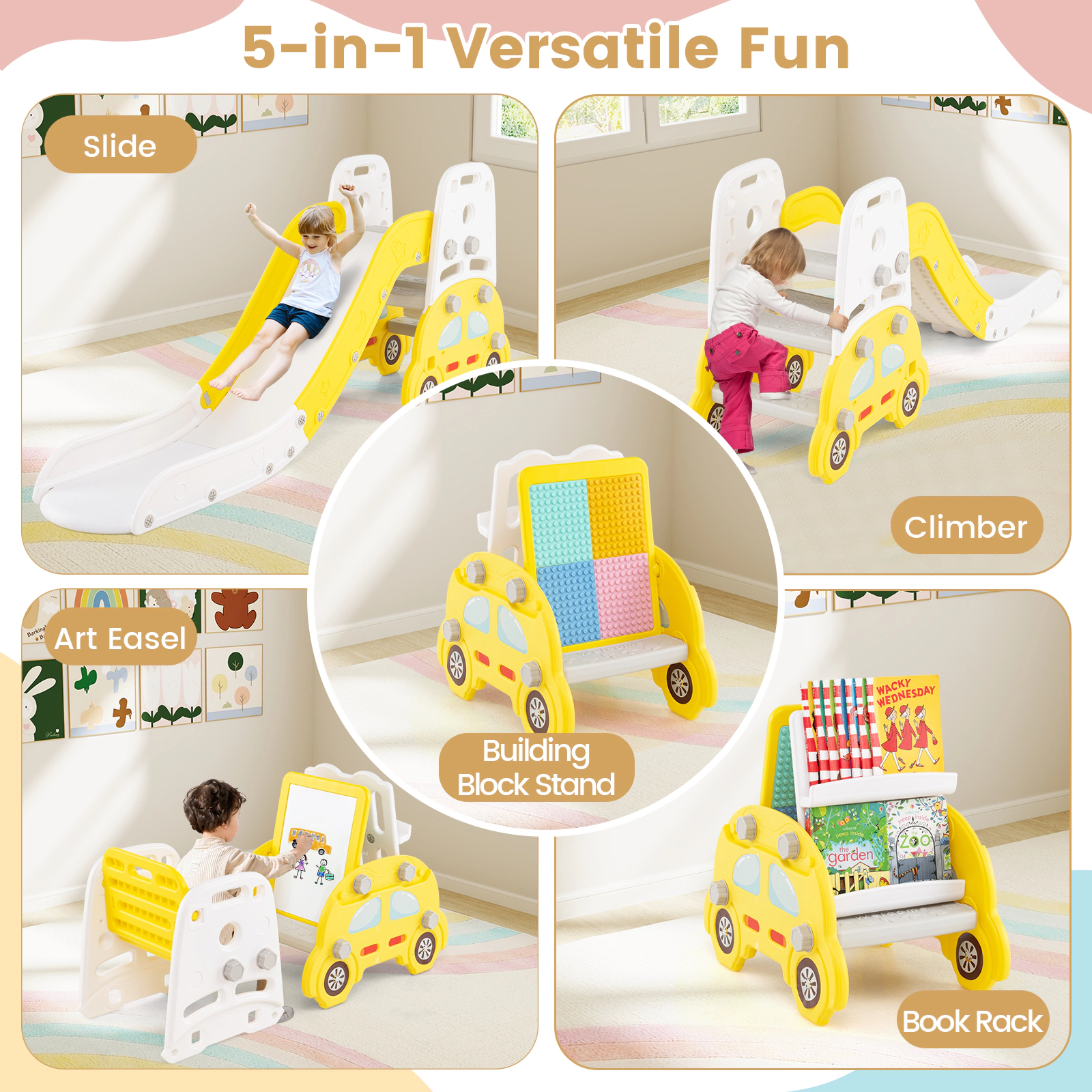SUGIFT Yellow Art Easel Stool and Book Rack 5-in-1 Convertible Toddler Slide Set