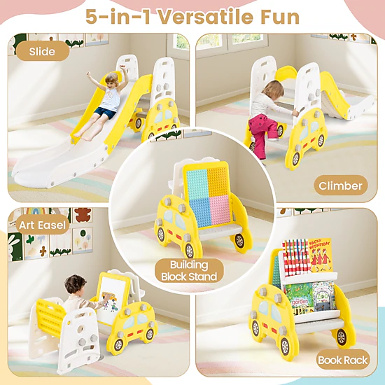 LJG 5 in 1 Convertible Toddler Slide Set Kids Art Easel with Stool and Book Rack