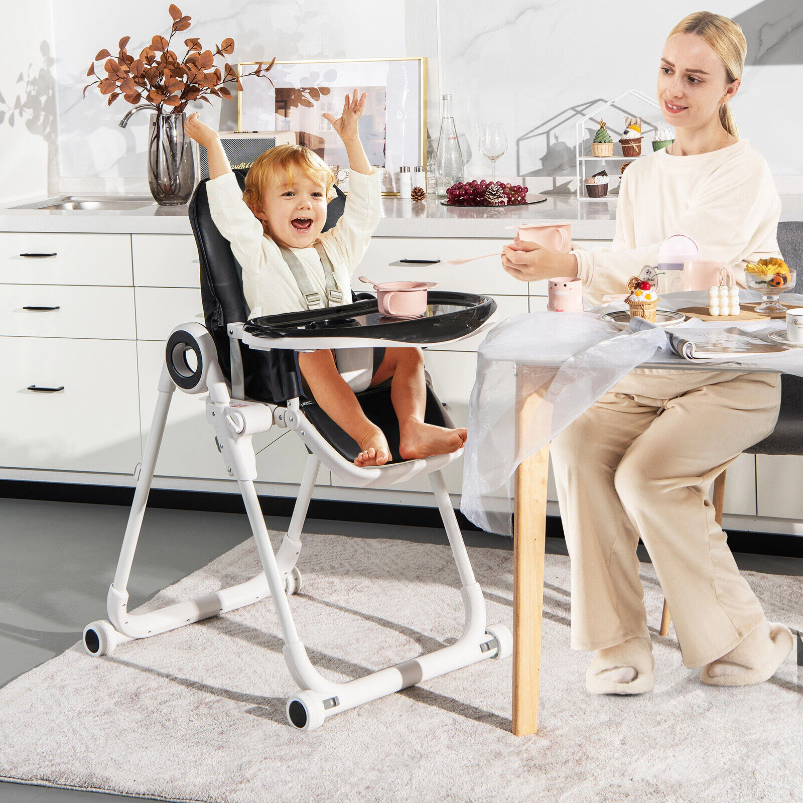 SlickBlue Black Adjustable Baby High Chair with Folding Design, Double Tray