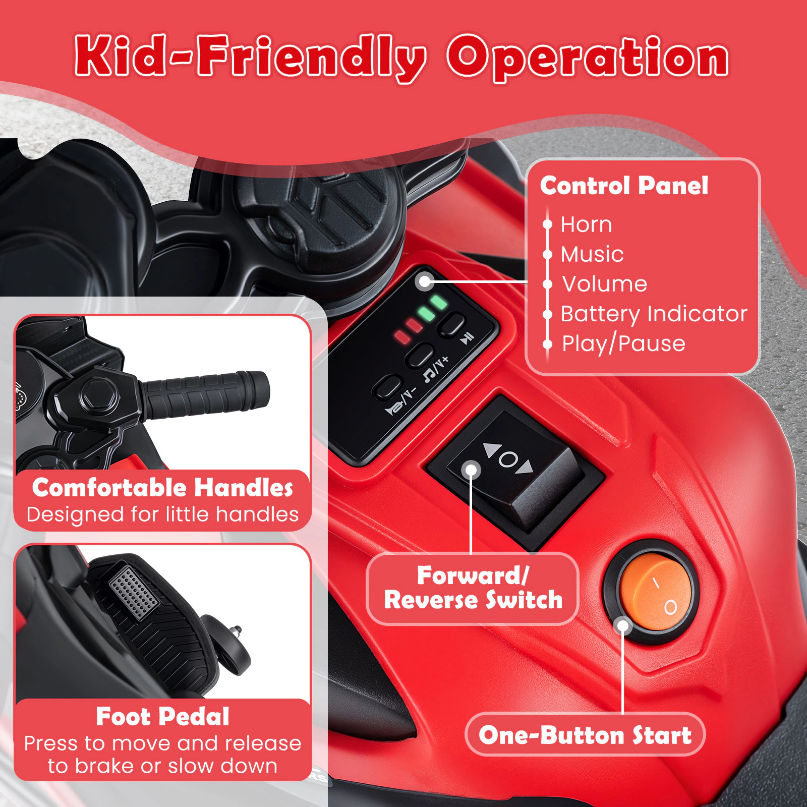 SUGIFT 6V Battery-Powered Kids Motorcycle Ride-On Headlights Music Detachable Training Wheels 55-lb Capacity Ages 3+ 29