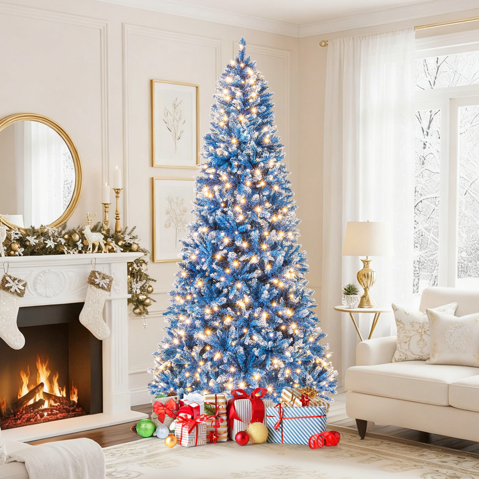 SUGIFT 8-ft Blue Pre-Lit Snowy Artificial Christmas Tree with 420 Warm White LED Lights and 1458 Tips