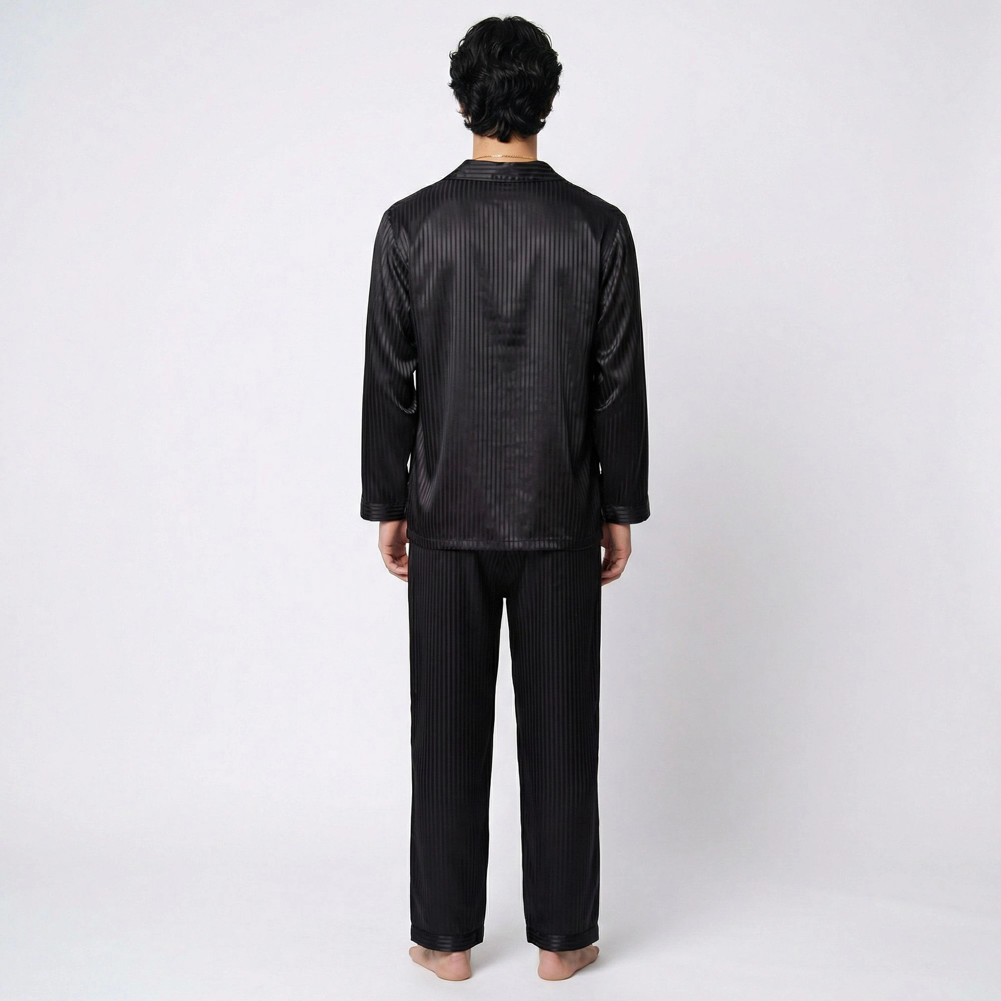 Anna-Kaci Men's 2-Piece Satin Pajamas with Subtle Stripe Pattern and Button Up Top