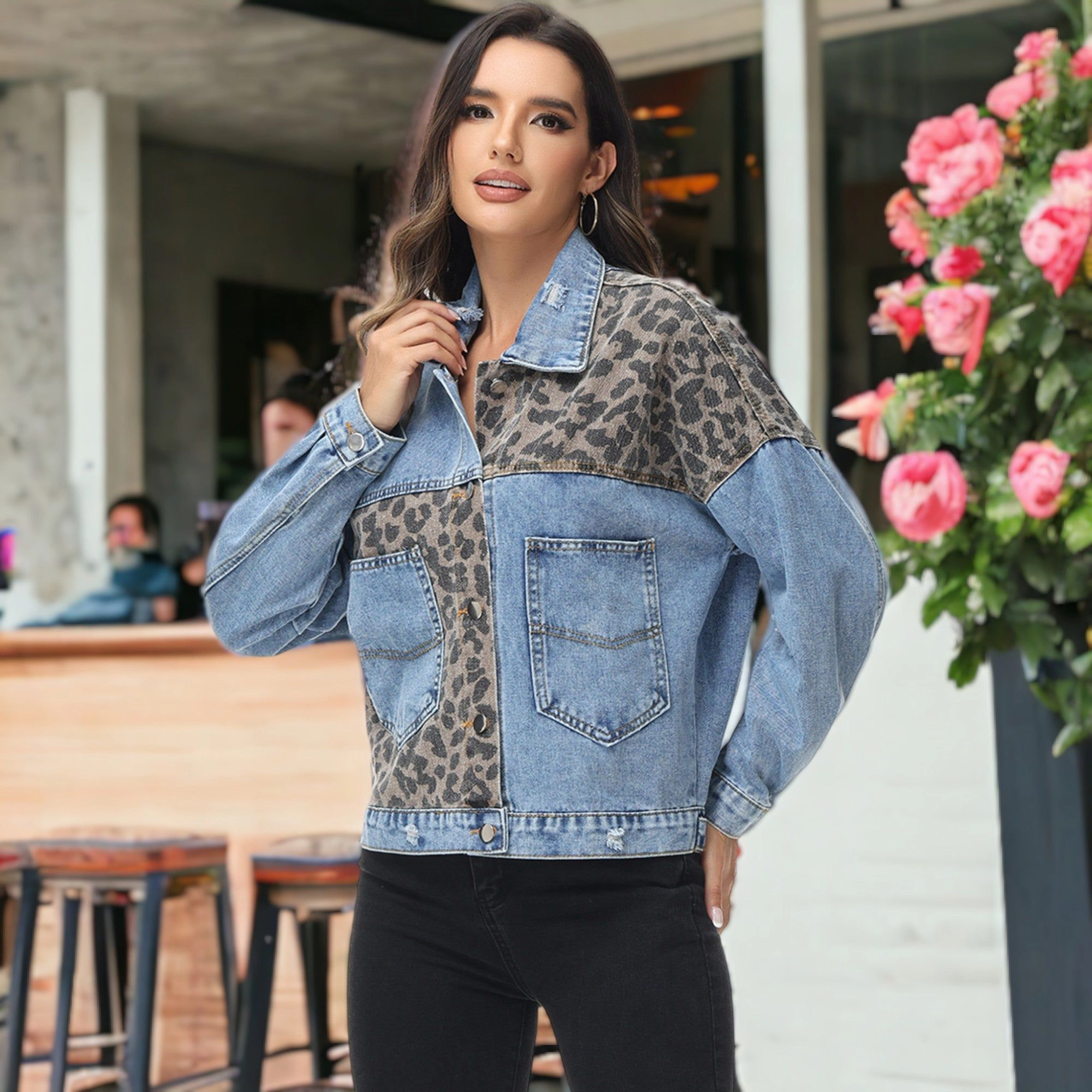 Anna-Kaci Women's Leopard Print Long Sleeve Crop Denim Jacket