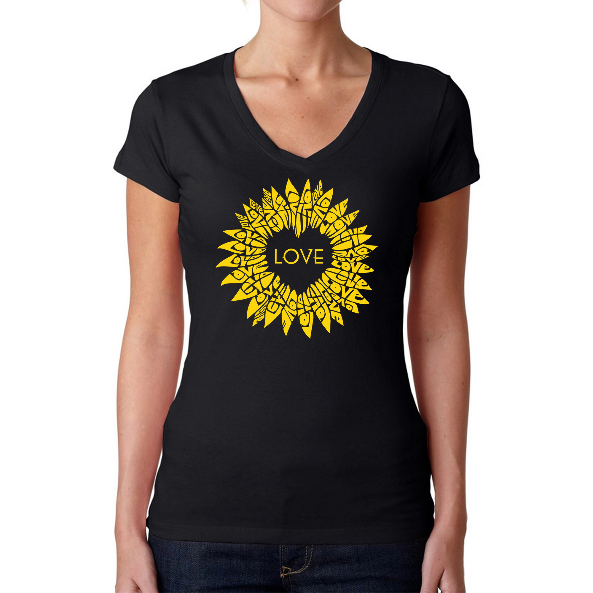 LA Pop Art Womens Word V-Neck T-Shirt - Sunflower Love