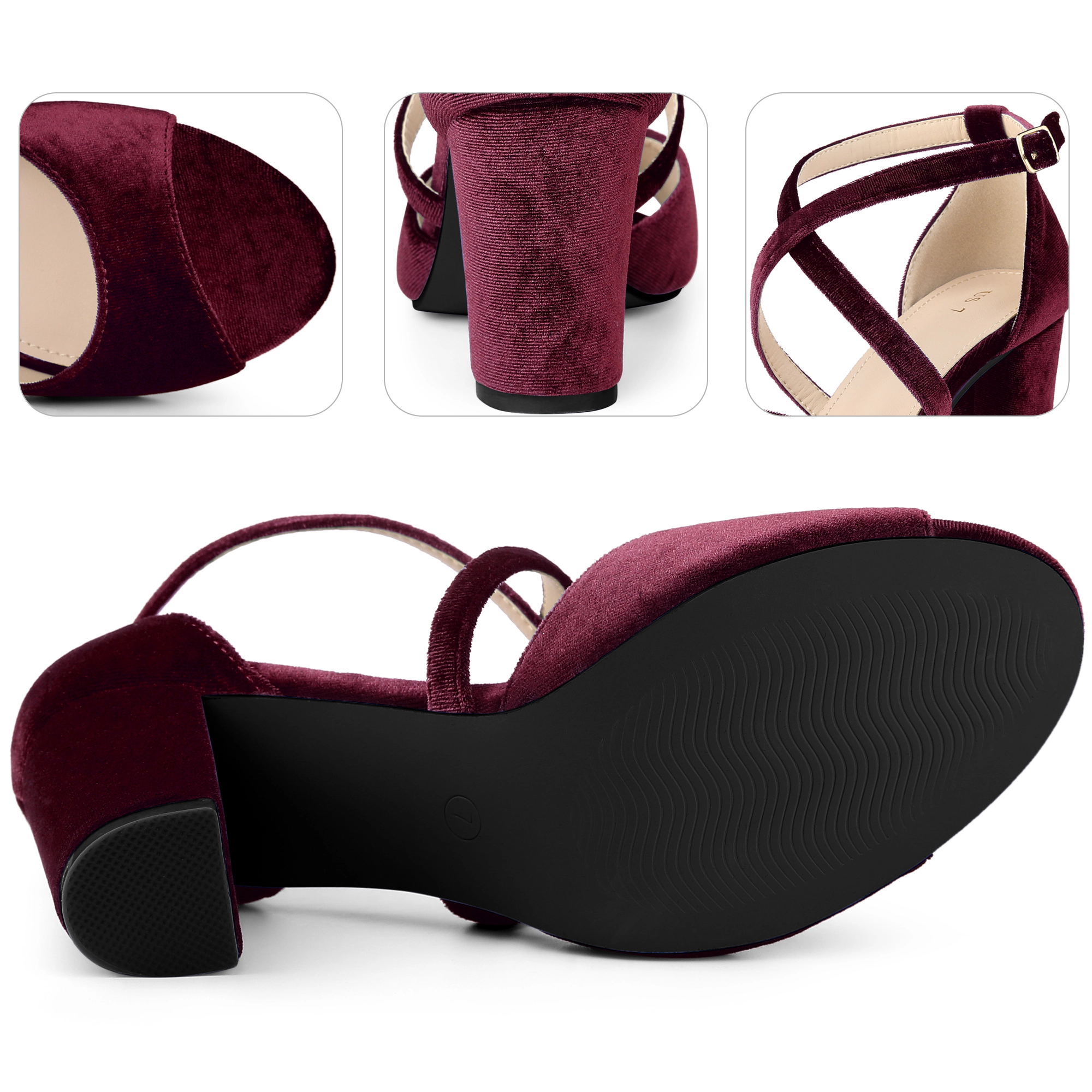 BLISSFUL STEP Women's Velvet Block Heel Crisscross Strap Sandals