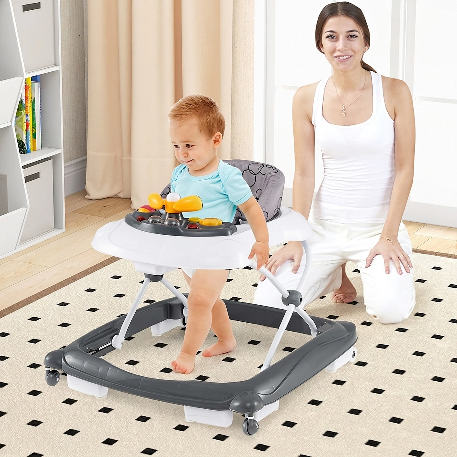 Lightweight Foldable Baby Walker with 3 Tool Free Height Settings Padded Washable Seat Lights and Music Toy Tray in Gray