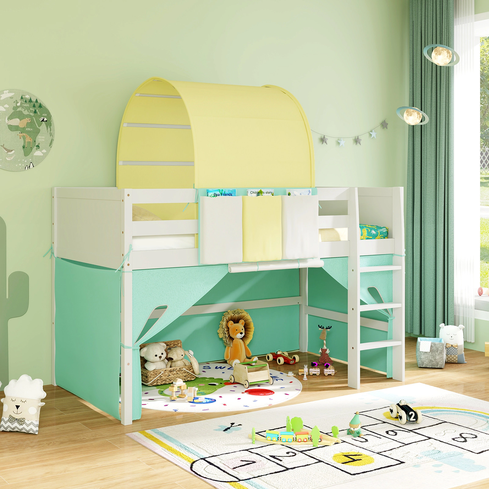 SUGIFT Twin Playhouse Loft Bed with Arched Tower Tent, Storage Pockets, 14-in Guardrails, Turquoise