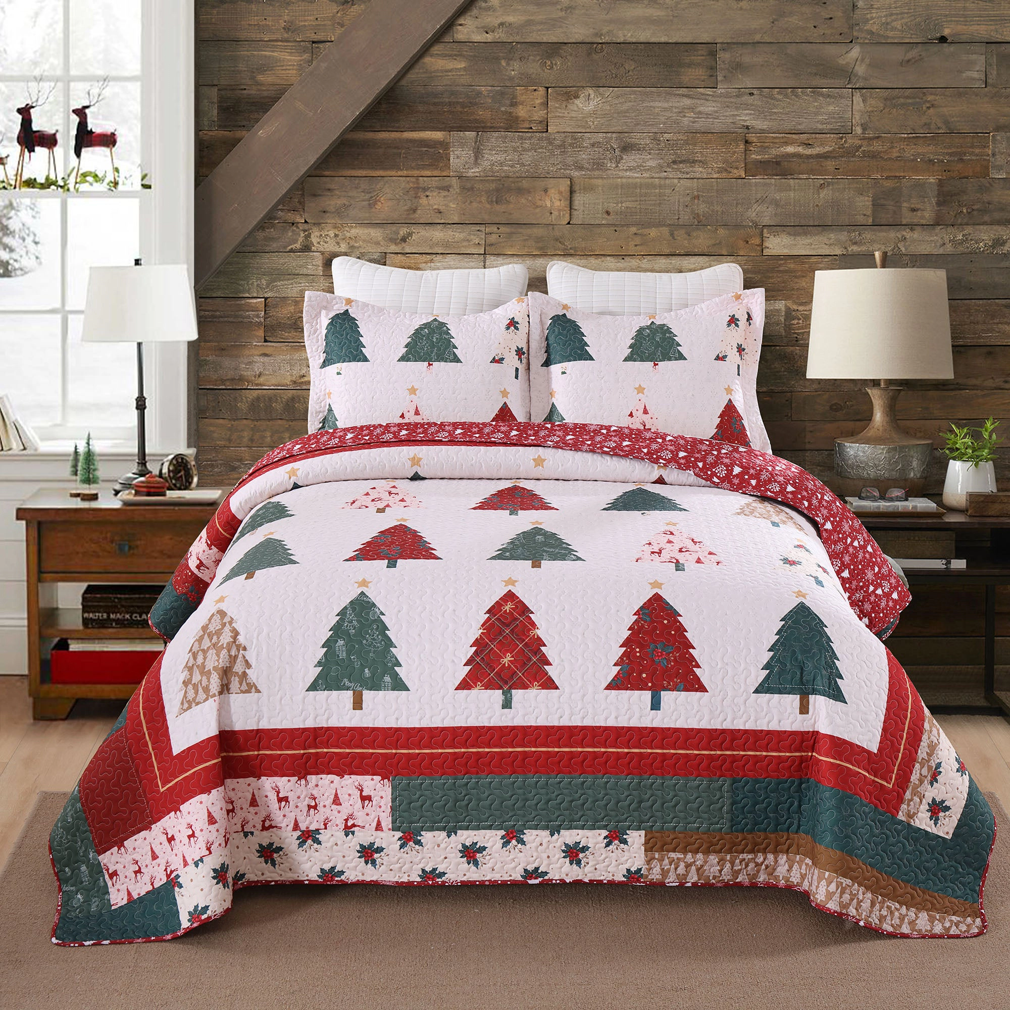 MarCielo 3 Pieces Christmas Theme Quilt Set - Holiday Forest Bedspread Set