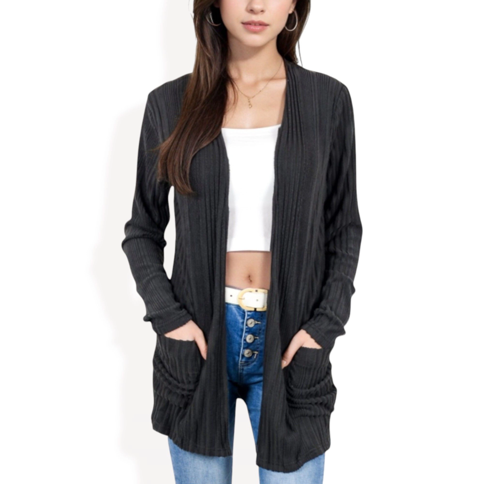 Anna-Kaci Women's Open Front Ribbed Cardigan with Long Sleeves and Pockets