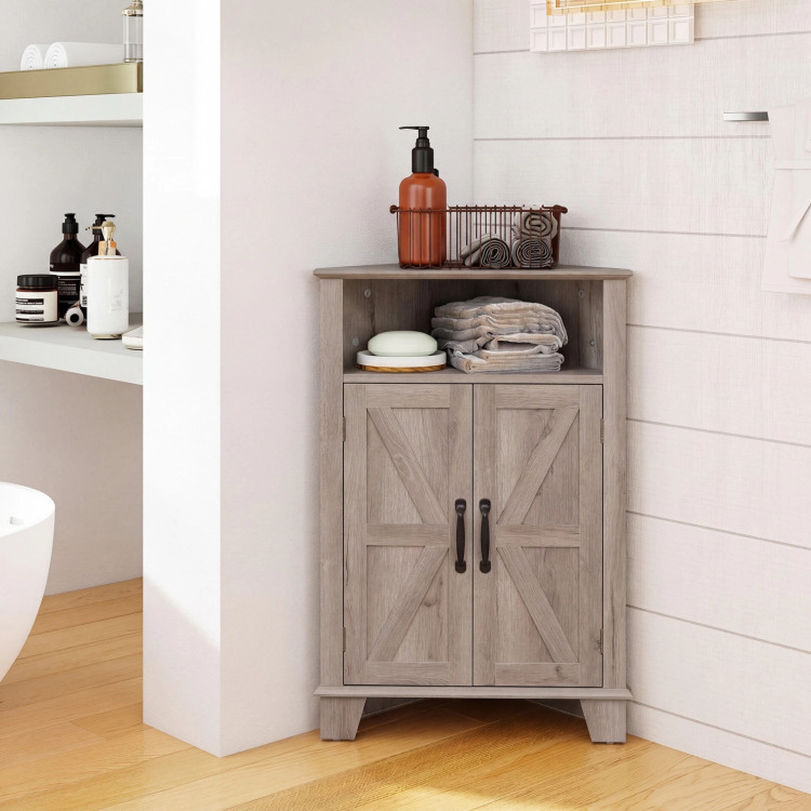SUGIFT 4-Tier Corner Storage Cabinet with Open Shelf 100-lb Top Capacity 33-lb Shelf Capacity Gray