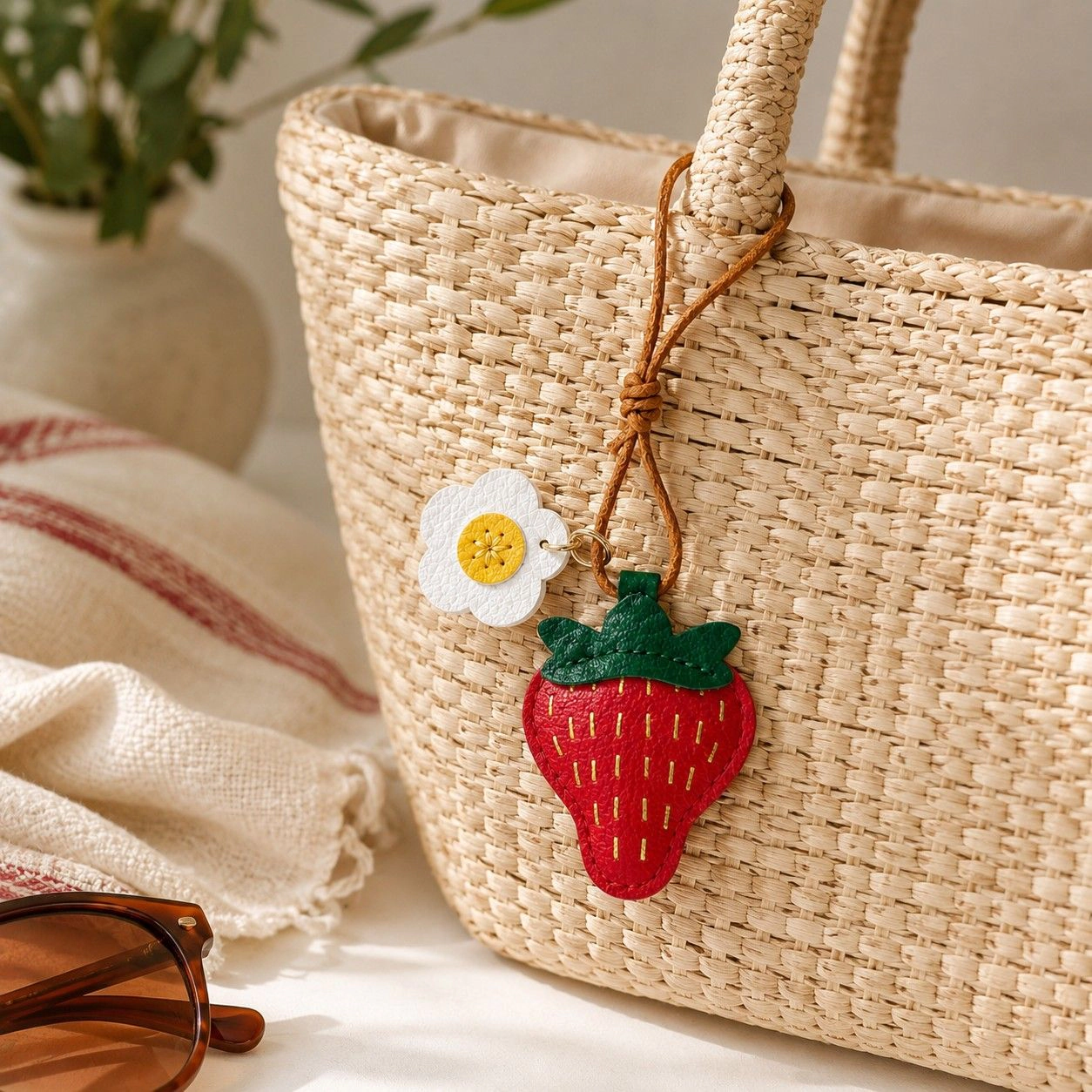 Alilang Women's 2-Pack Stitched Strawberry Bag Charm Keychains with Daisy Accents and Cord Loops