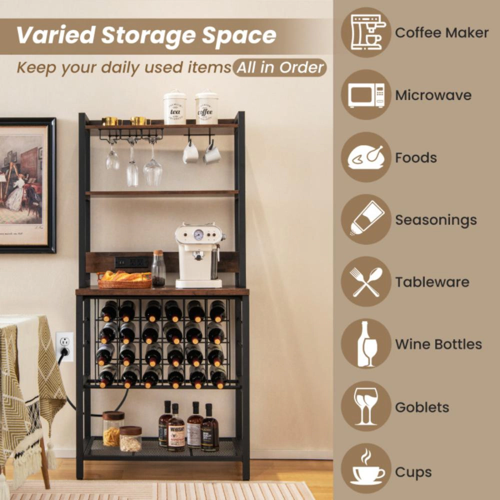 Hivvago Wine Bar Cabinet Wine Rack with 4 Tier Storage Shelves and Glass Holders-Brown