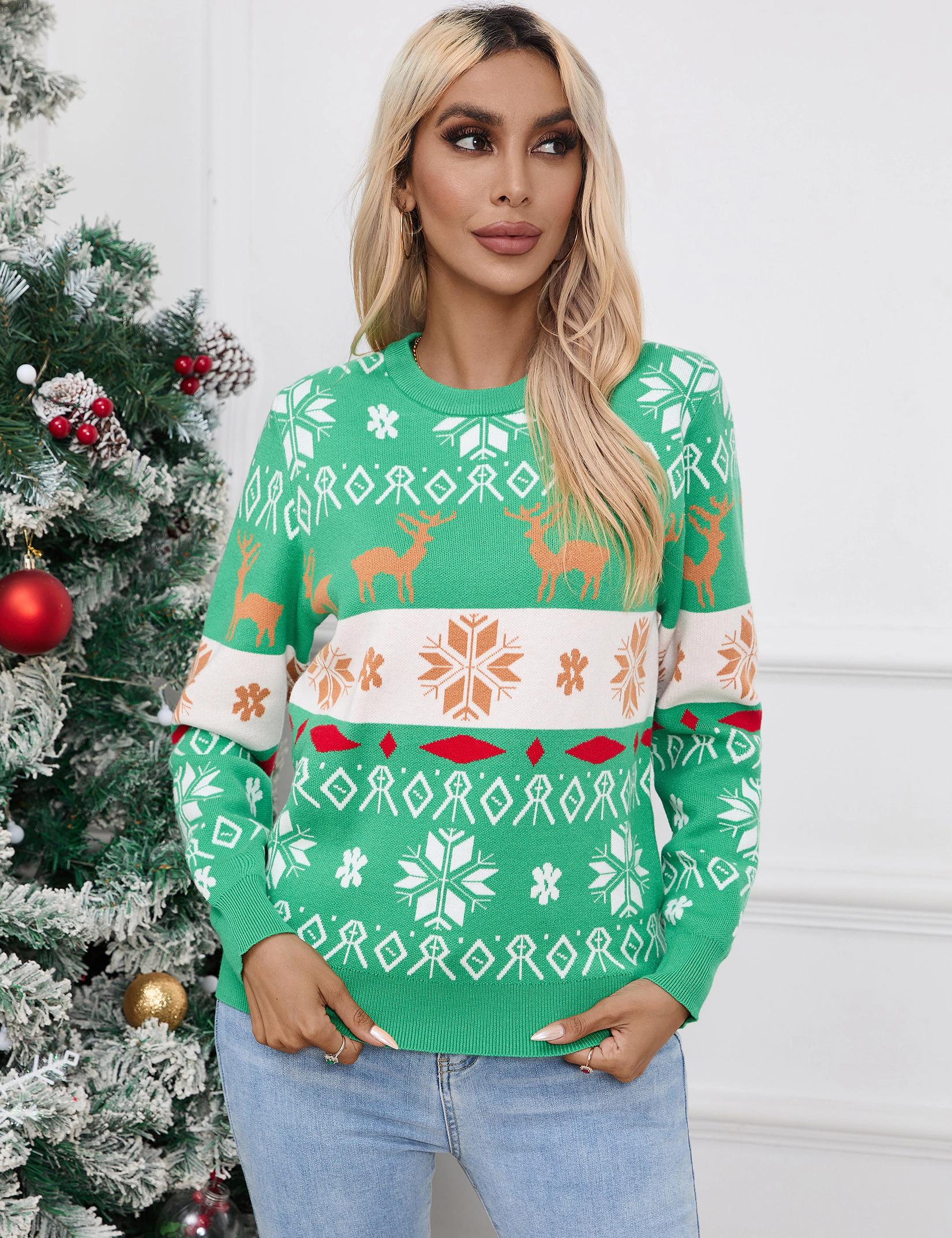 KOJOOIN Women Knit Pullover Christmas Ugly Sweater Snowflake Jacquard Knitted Sweaters for Xmas Holiday
