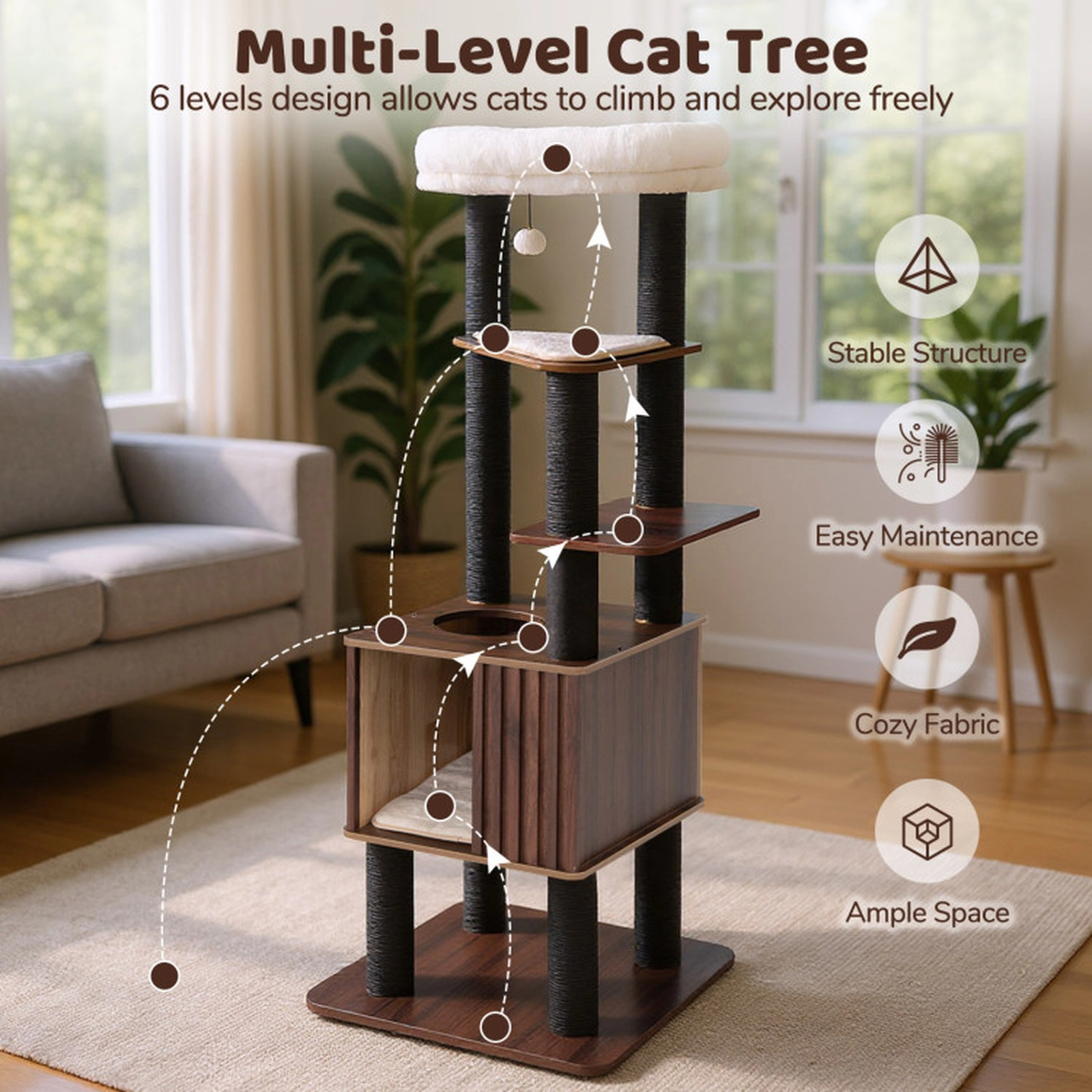 SUGIFT 64 in Wooden Cat Tower Brown 6-Level Cat Tree with Padded Top Perch and Condo