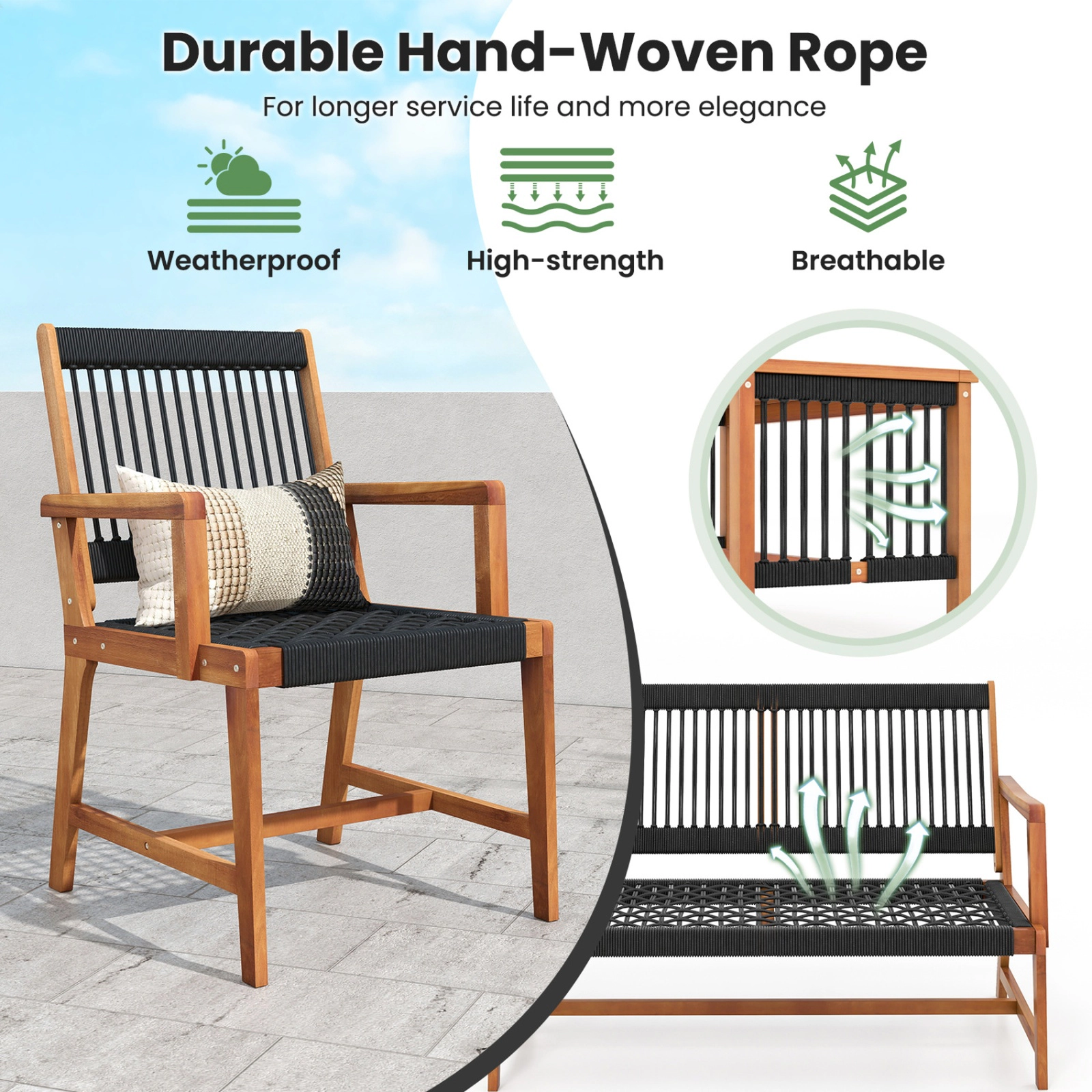 SUGIFT Natural Hand-Woven Rope Seats 4-Piece Acacia Wood Patio Conversation Set