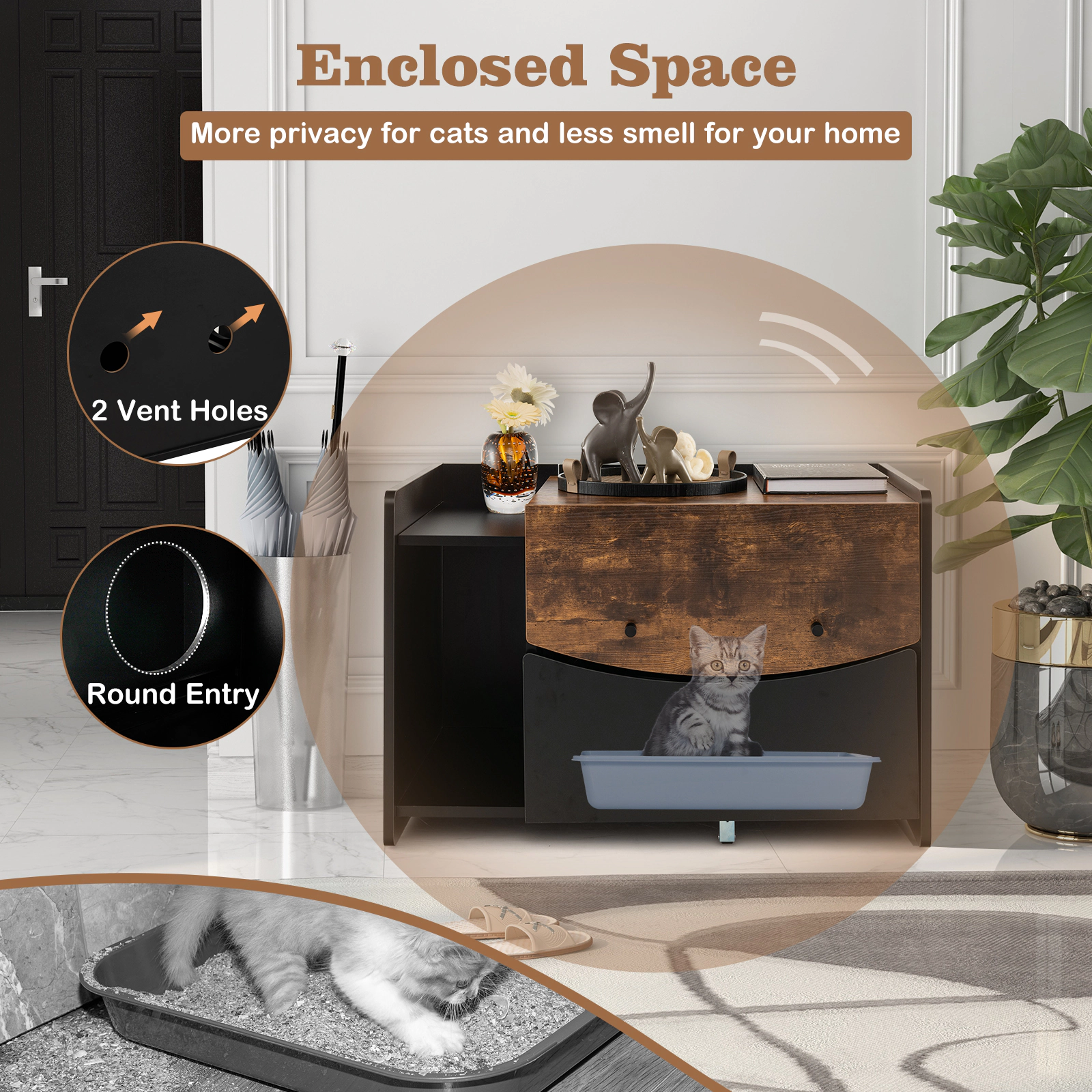 SUGIFT Black Cat Litter Box Enclosure with Pull-Out Drawer and Flip Door 31-in W 20-in D 21-in H 44-lb Per Layer