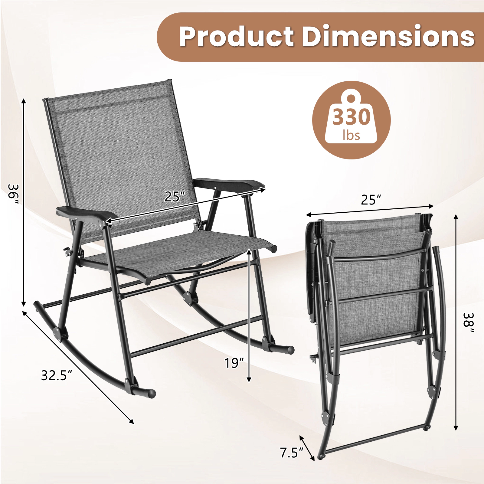 SUGIFT Gray Breathable Seat Fabric Set of 2 Folding Rocking Chairs