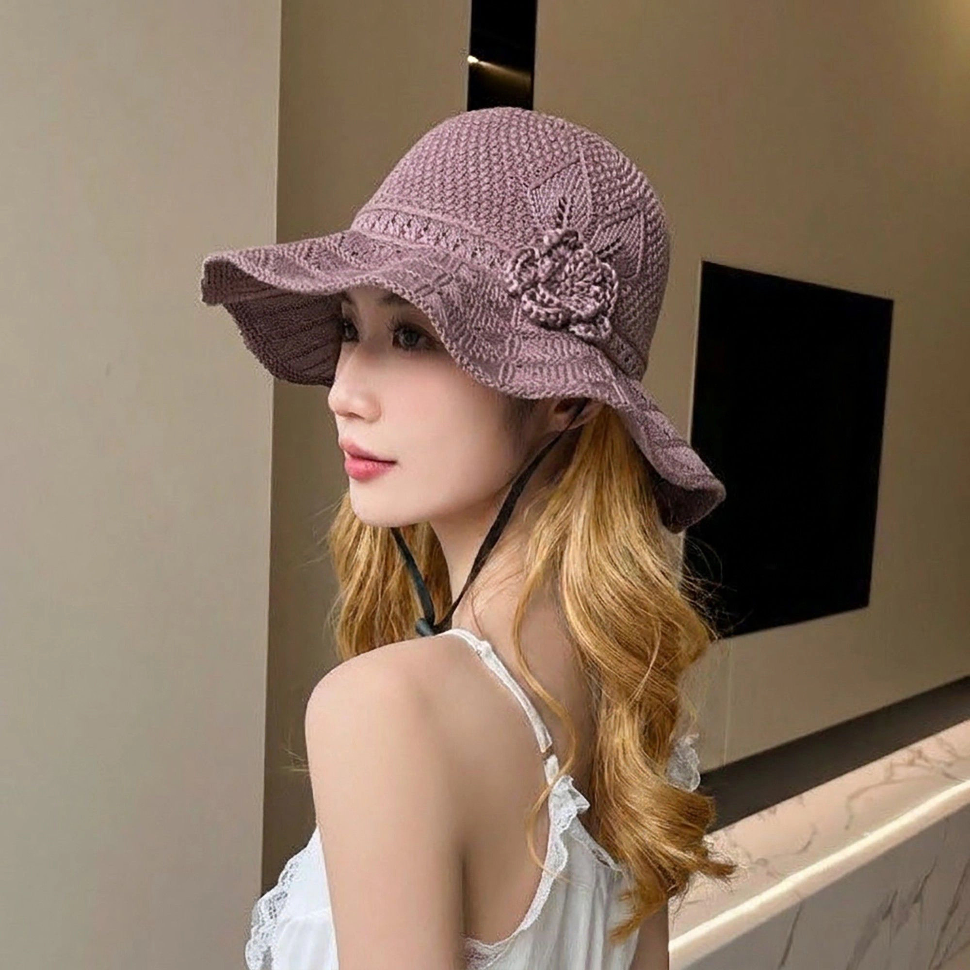 Anna-Kaci Women's Crochet Wide Brim Sun Hat with Floral Accent Scalloped Edge and Chin Strap - MauvePink