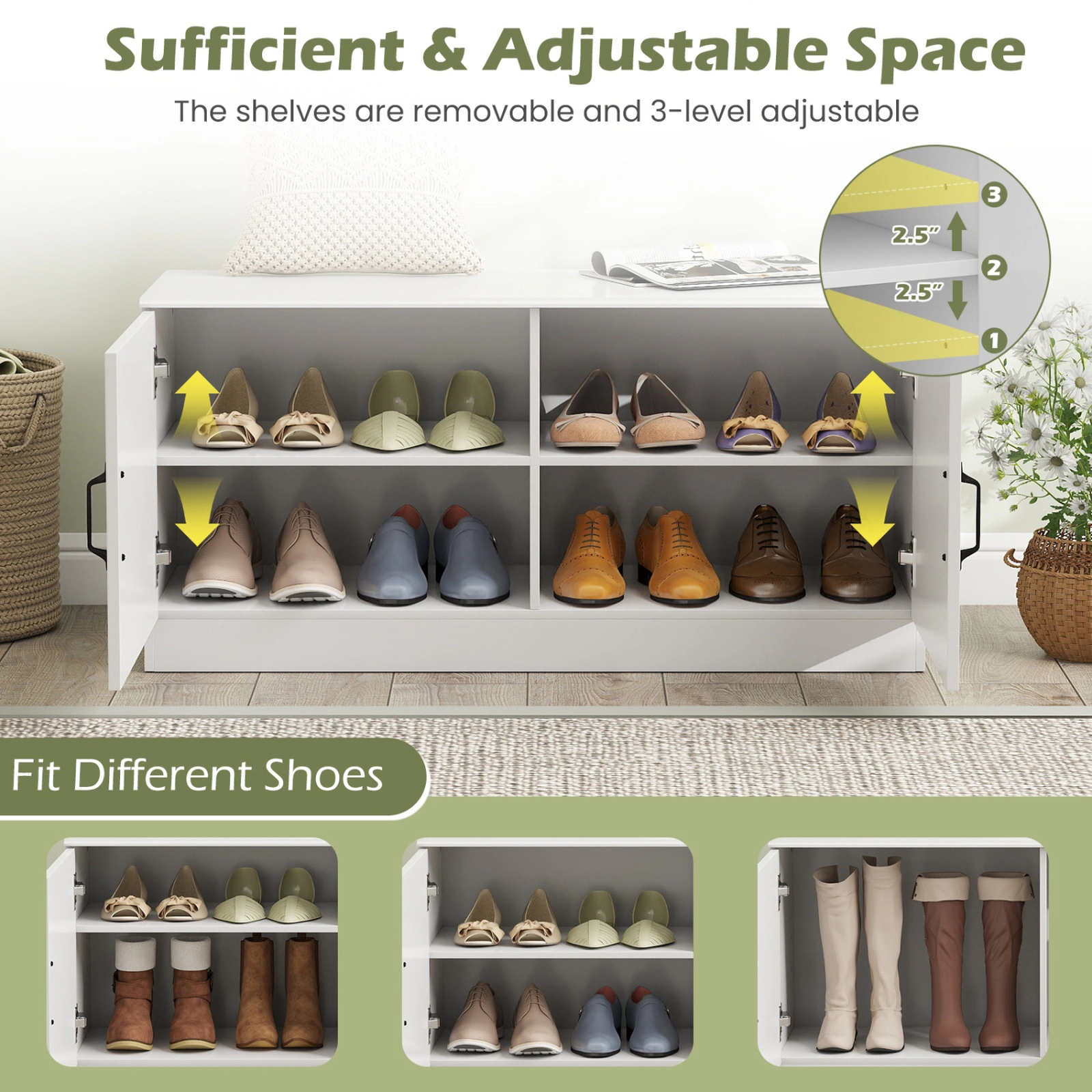 SUGIFT 2-Door Shoe Bench Shoe Storage Cabinet with Adjustable Shelves 300-lb Top Capacity 44-lb Shelf Capacity White