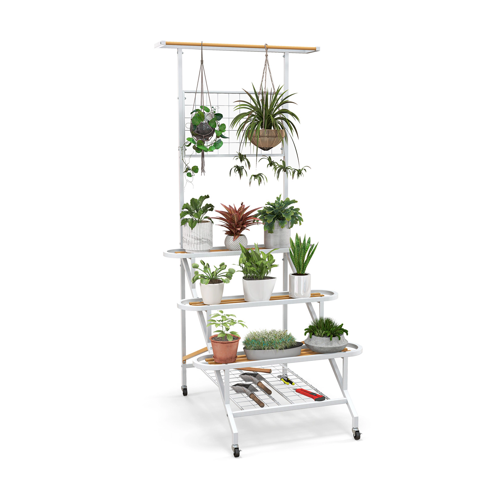 Slickblue Rolling 4 Tier Plant Stand Metal Flower Rack with Trellis Wheels Balcony Patio Organizer