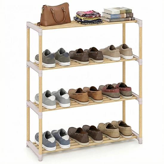 LJG 3/4-Tier Solid Wood Shoe Rack with Slatted Open Shelves