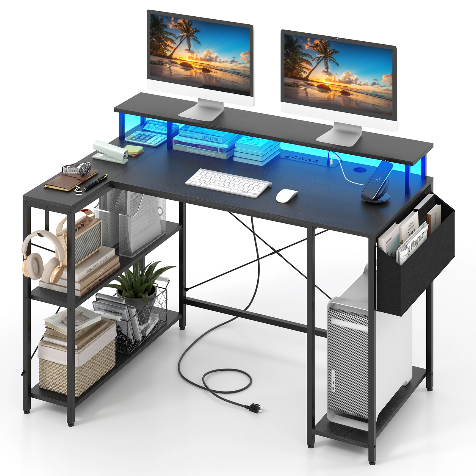LJG L-Shaped Gaming Desk with LED Lights and Power Outlets
