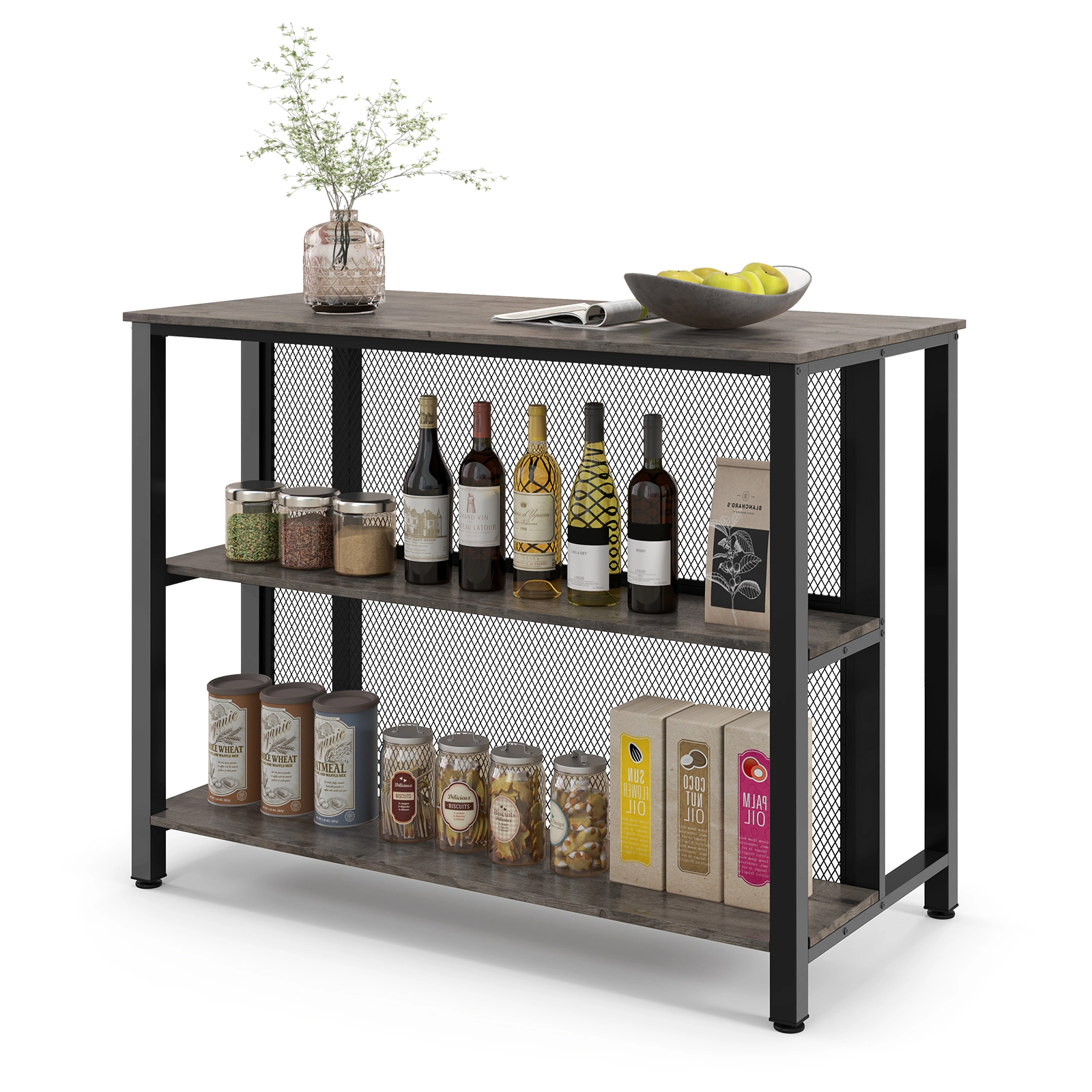 SUGIFT 3-Tier Bar Table with Open Storage Metal Frame 150-lb Tabletop Capacity 66-lb Shelf Capacity Gray