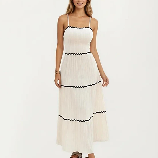 Anna-Kaci Women's Sleeveless Pleated Maxi Dress with Spaghetti Straps Contrast Trim Detail and Flowy Tiered Silhouette