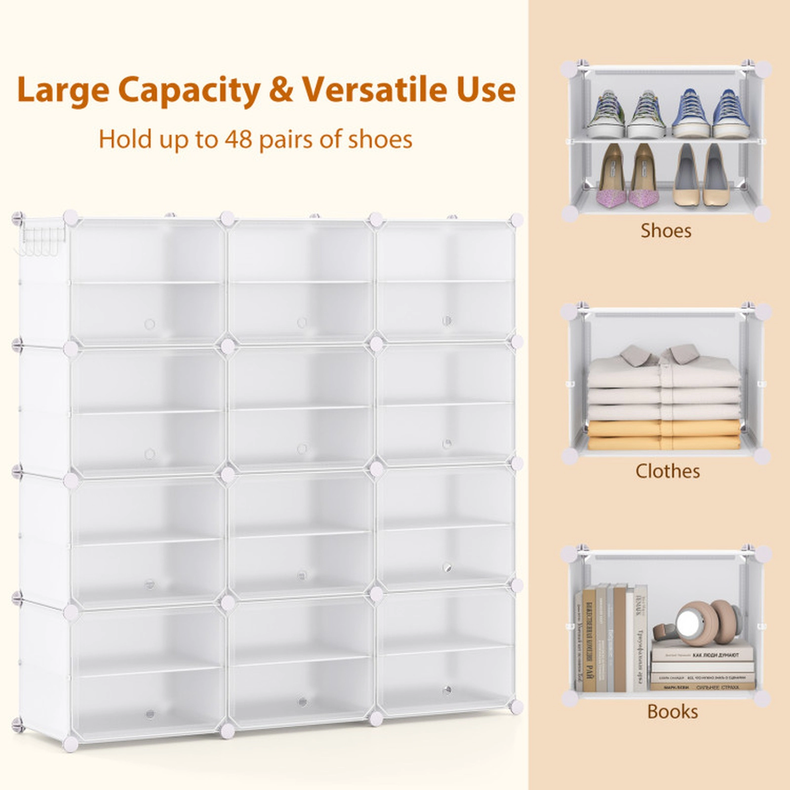 SUGIFT White 12-Cube Portable Shoe Storage Cabinet for 48 Pairs with 5 Hooks and Dust Doors for Closet