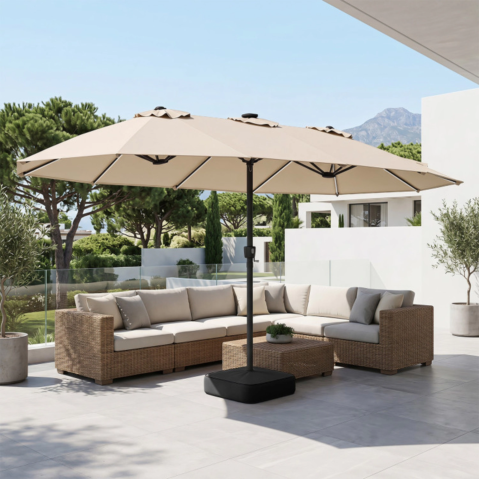 SUGIFT 144 Solar LED Lights and 12 Reinforced Ribs 15.5 FT Extra-Large Double-Sided Patio Umbrella